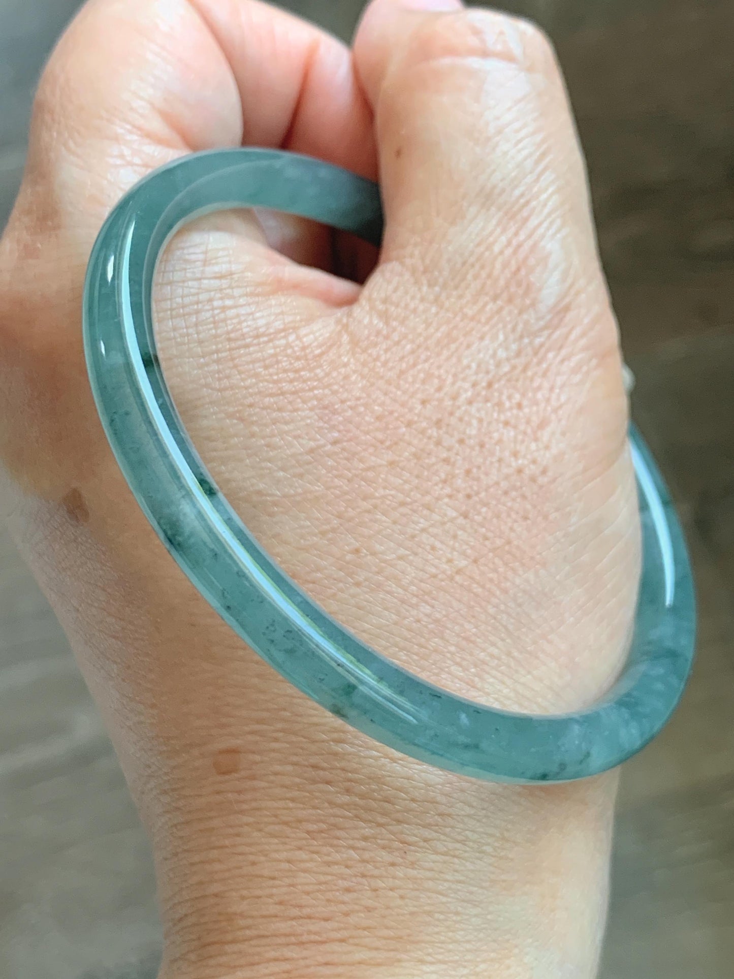 Certified Natural Grade A Guatemalan Icy Translucent Dusty Teal Green Jade Jadeite Slim Bangle 62.65mm 7.74” 22.85g 天然冰胶危蓝绿翡翠细圆条手镯 1219
