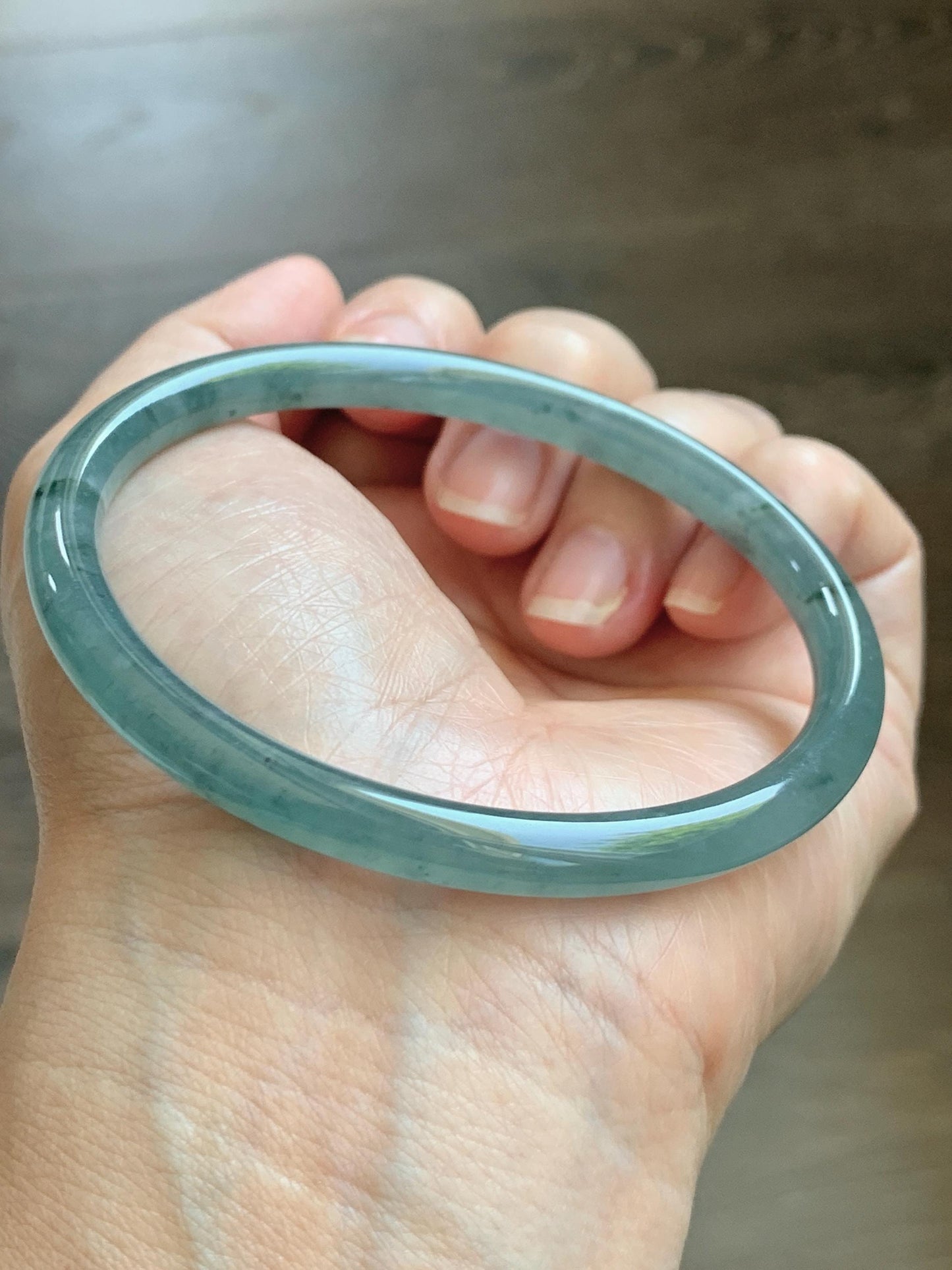 Certified Natural Grade A Guatemalan Icy Translucent Dusty Teal Green Jade Jadeite Slim Bangle 62.65mm 7.74” 22.85g 天然冰胶危蓝绿翡翠细圆条手镯 1219