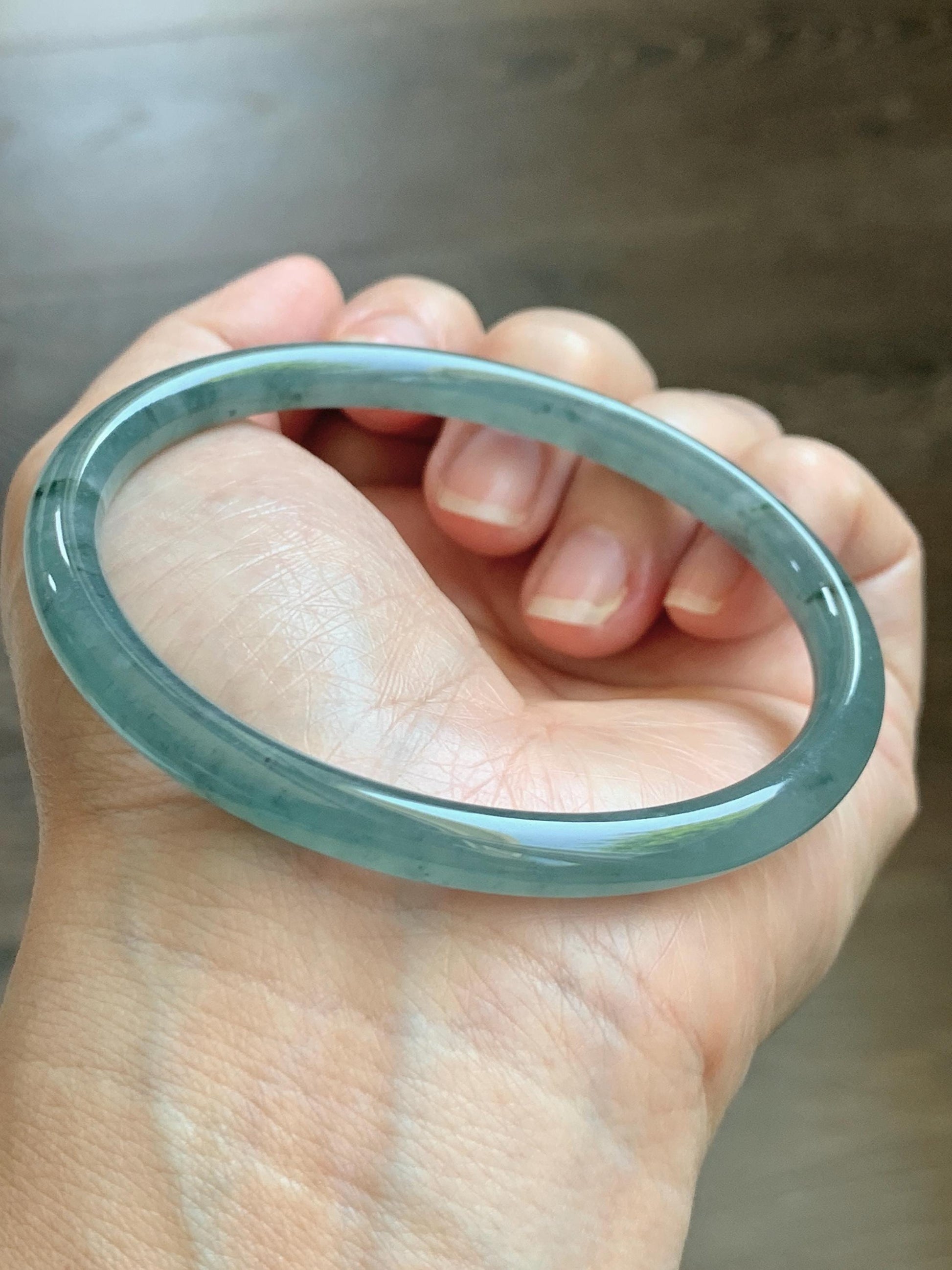 Certified Natural Grade A Guatemalan Icy Translucent Dusty Teal Green Jade Jadeite Slim Bangle 62.65mm 7.74” 22.85g 天然冰胶危蓝绿翡翠细圆条手镯 1219