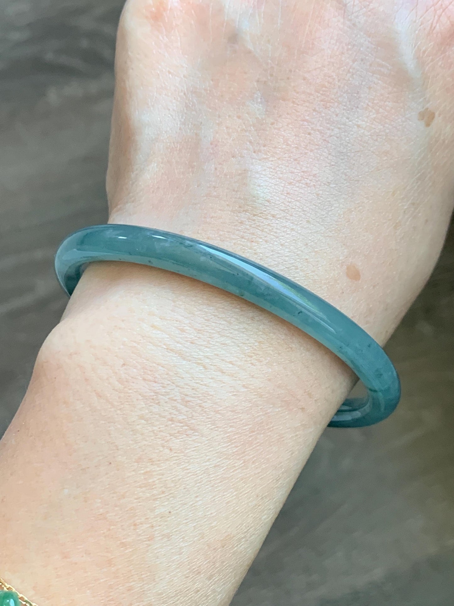 Certified Natural Grade A Guatemalan Icy Translucent Dusty Teal Green Jade Jadeite Slim Bangle 62.58mm 7.74” 23g 天然冰胶危蓝绿翡翠细圆条手镯 1171