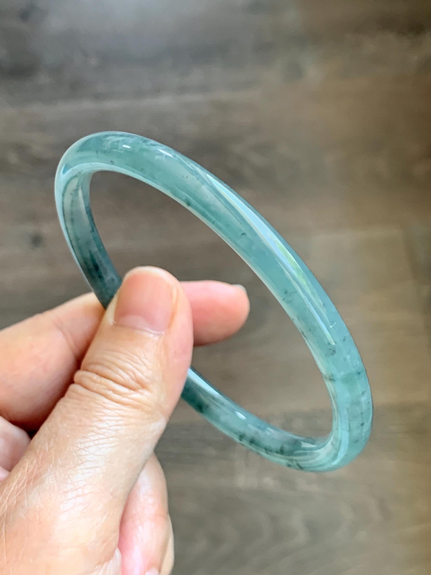 Certified Natural Grade A Guatemalan Icy Translucent Dusty Teal Green Jade Jadeite Slim Bangle 62.58mm 7.74” 23g 天然冰胶危蓝绿翡翠细圆条手镯 1171