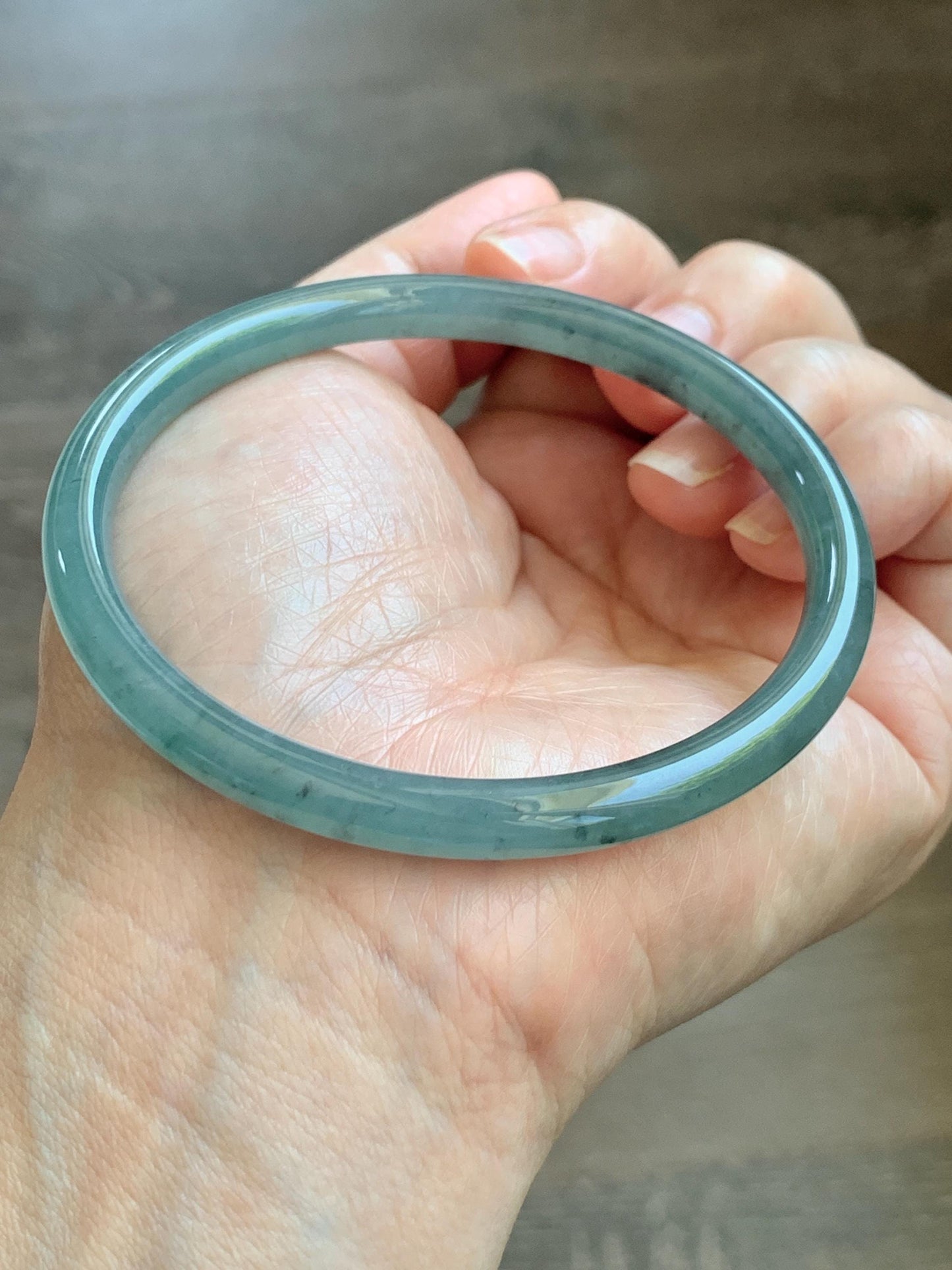 Certified Natural Grade A Guatemalan Icy Translucent Dusty Teal Green Jade Jadeite Slim Bangle 62.58mm 7.74” 23g 天然冰胶危蓝绿翡翠细圆条手镯 1171