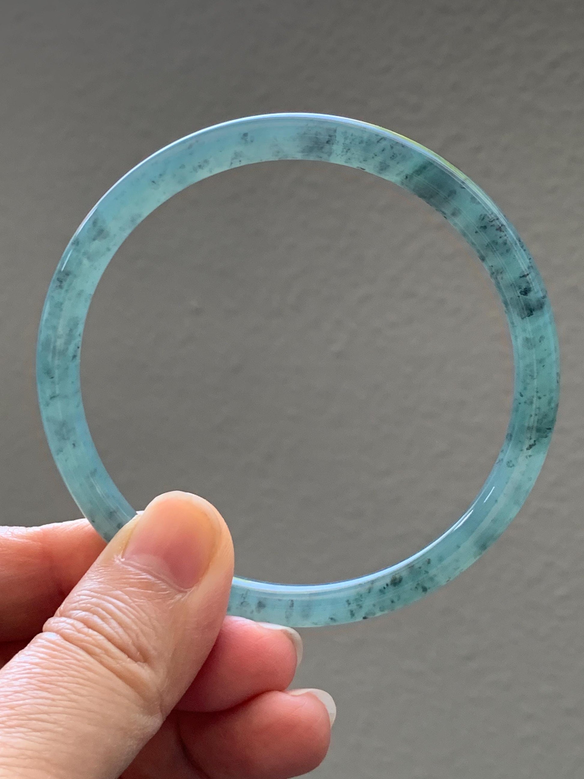 Certified Natural Grade A Guatemalan Icy Translucent Dusty Teal Green Jade Jadeite Slim Bangle 62.58mm 7.74” 23g 天然冰胶危蓝绿翡翠细圆条手镯 1171