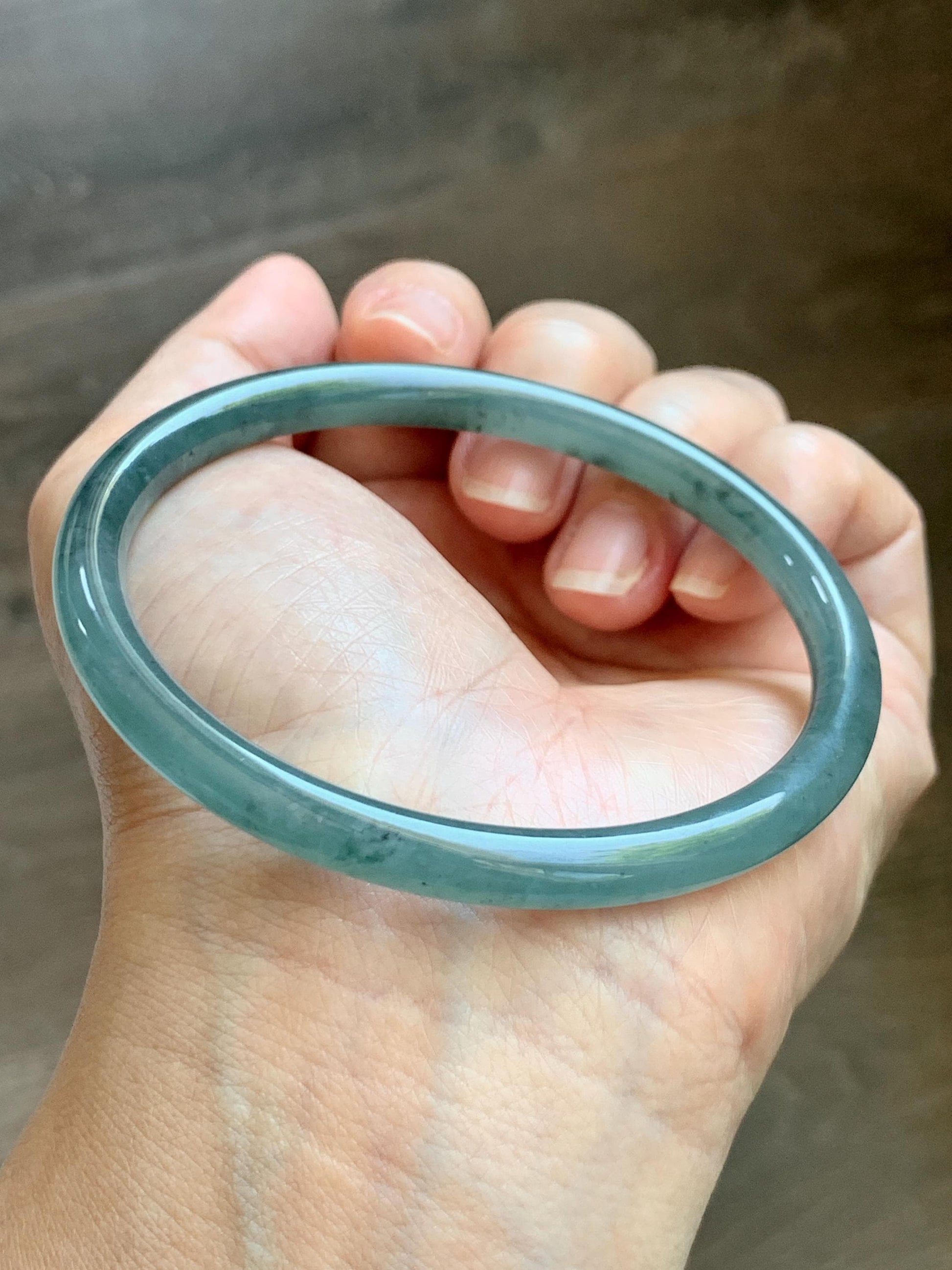 Certified Natural Grade A Guatemalan Icy Translucent Dusty Teal Green Jade Jadeite Slim Bangle 62.58mm 7.74” 23g 天然冰胶危蓝绿翡翠细圆条手镯 1171