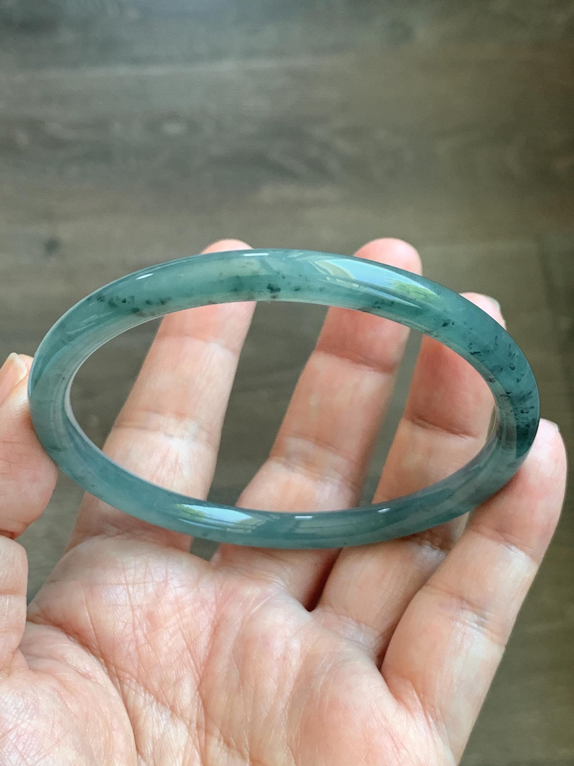 Certified Natural Grade A Guatemalan Icy Translucent Dusty Teal Green Jade Jadeite Slim Bangle 62.58mm 7.74” 23g 天然冰胶危蓝绿翡翠细圆条手镯 1171
