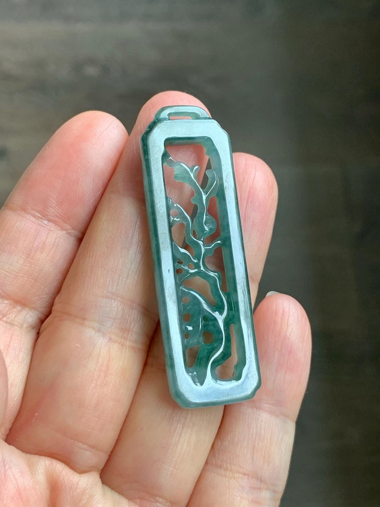 Natural Grade A Guatemalan Icy Translucent Dusty Teal Green Jade Jadeite Carved Cherry Blossom Pendant