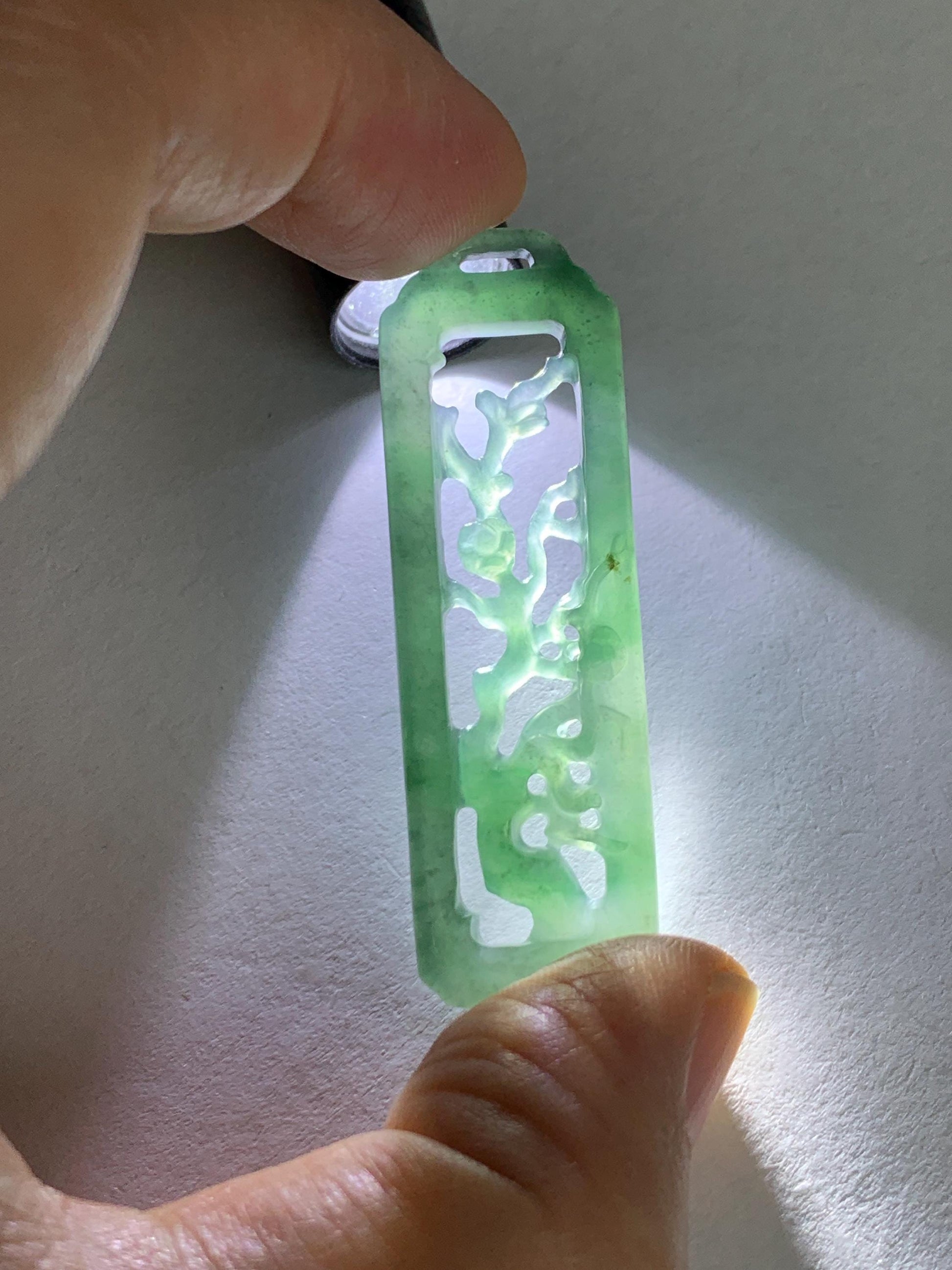 Natural Grade A Guatemalan Icy Translucent Dusty Teal Green Jade Jadeite Carved Cherry Blossom Pendant