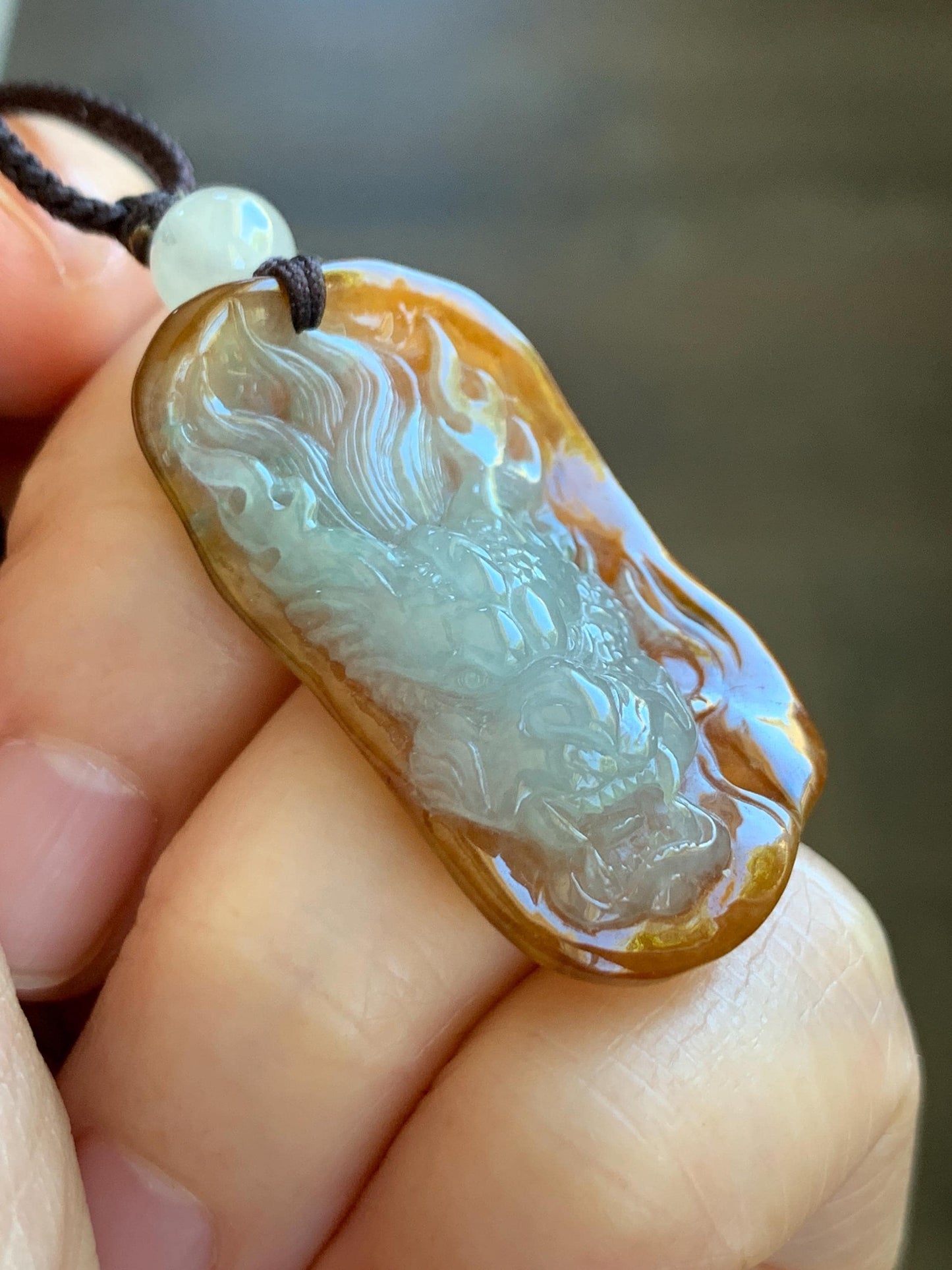 Certified Natural Grade A Icy Translucent Beige & Red Bicolored Jade Jadeite Carved Dragon Pendant Rope Necklace 24” 天然冰胶油红皮翡翠龙牌项链 443