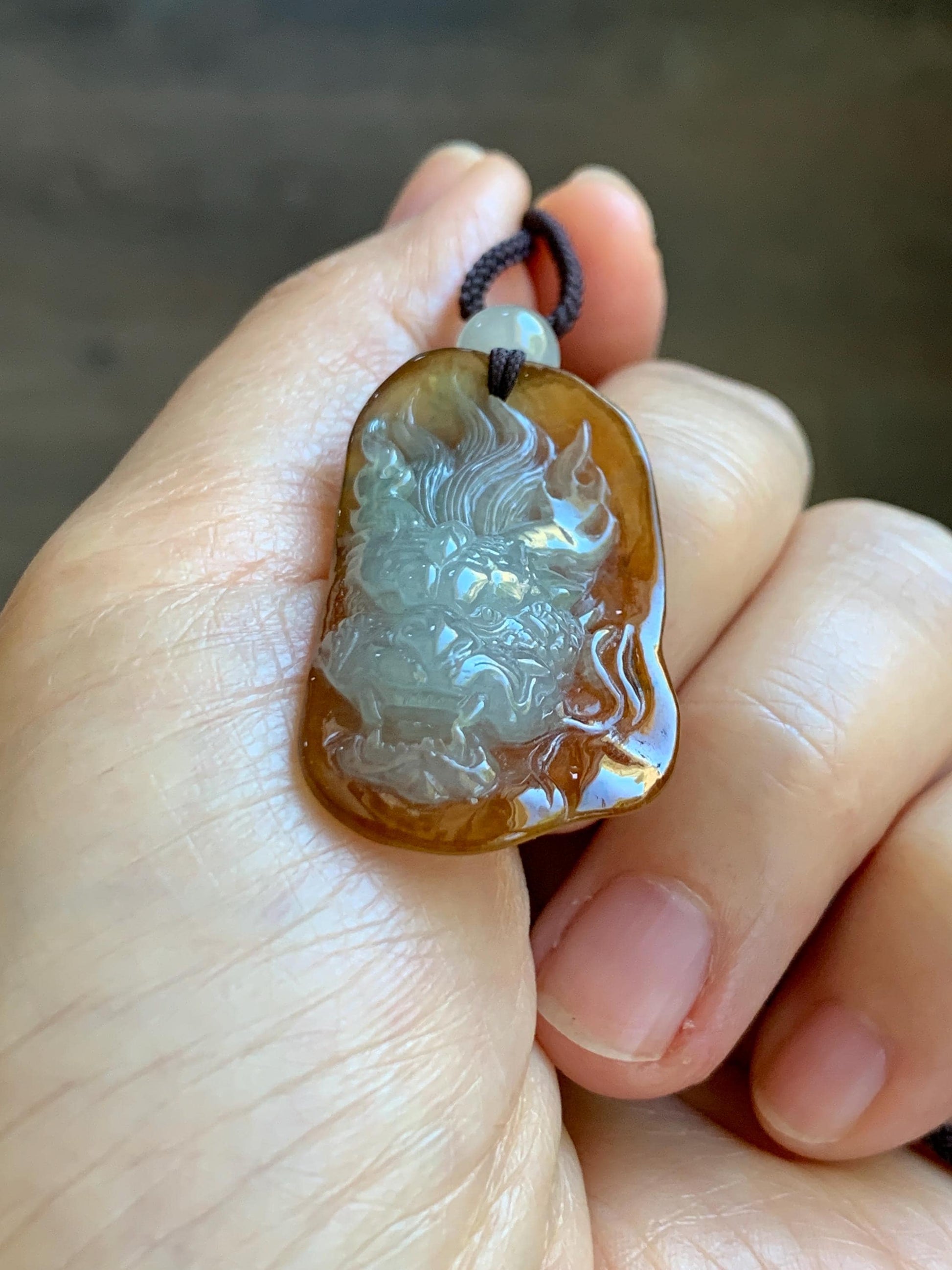 Certified Natural Grade A Icy Translucent Beige & Red Bicolored Jade Jadeite Carved Dragon Pendant Rope Necklace 24” 天然冰胶油红皮翡翠龙牌项链 443