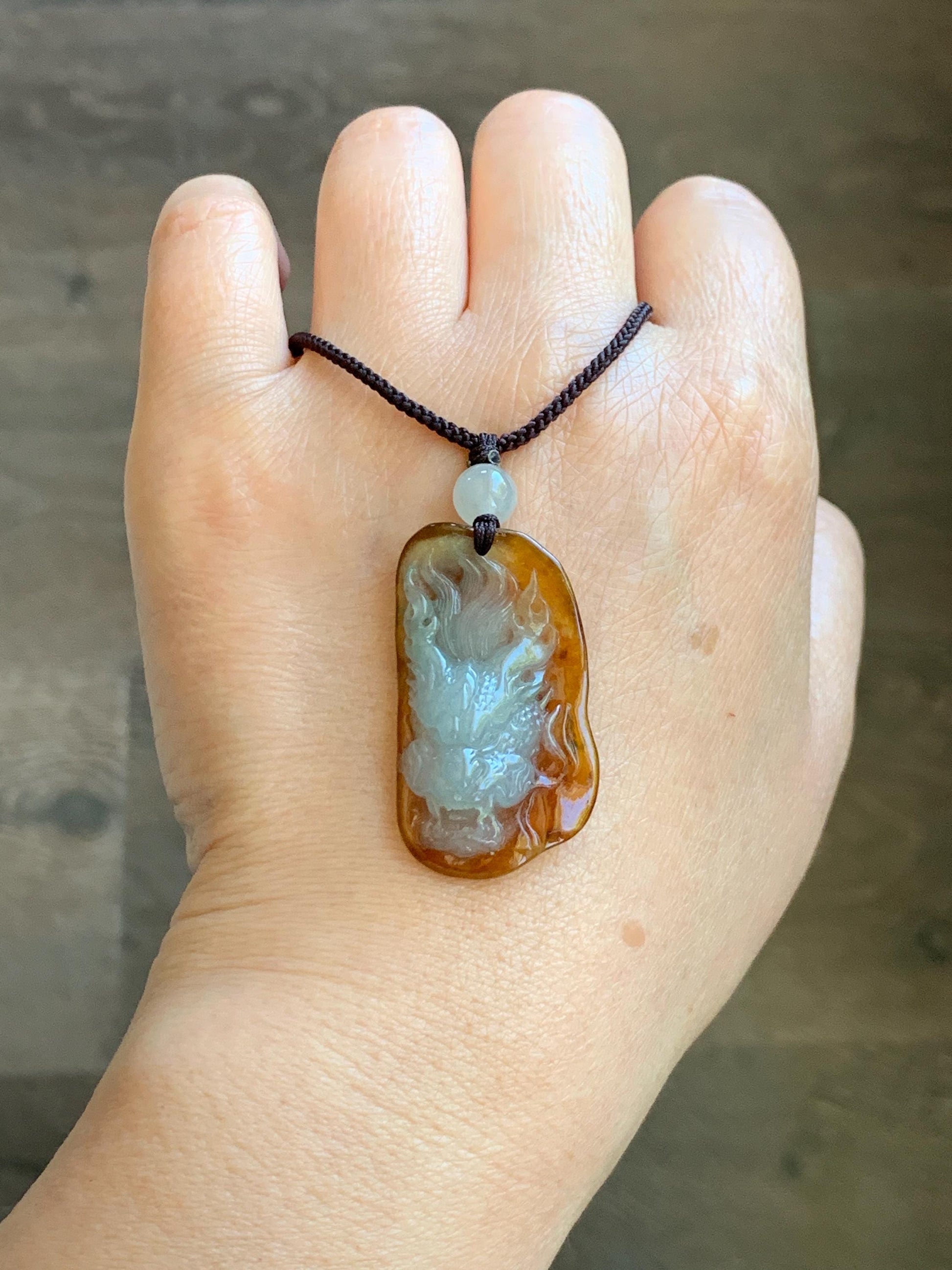 Certified Natural Grade A Icy Translucent Beige & Red Bicolored Jade Jadeite Carved Dragon Pendant Rope Necklace 24” 天然冰胶油红皮翡翠龙牌项链 443