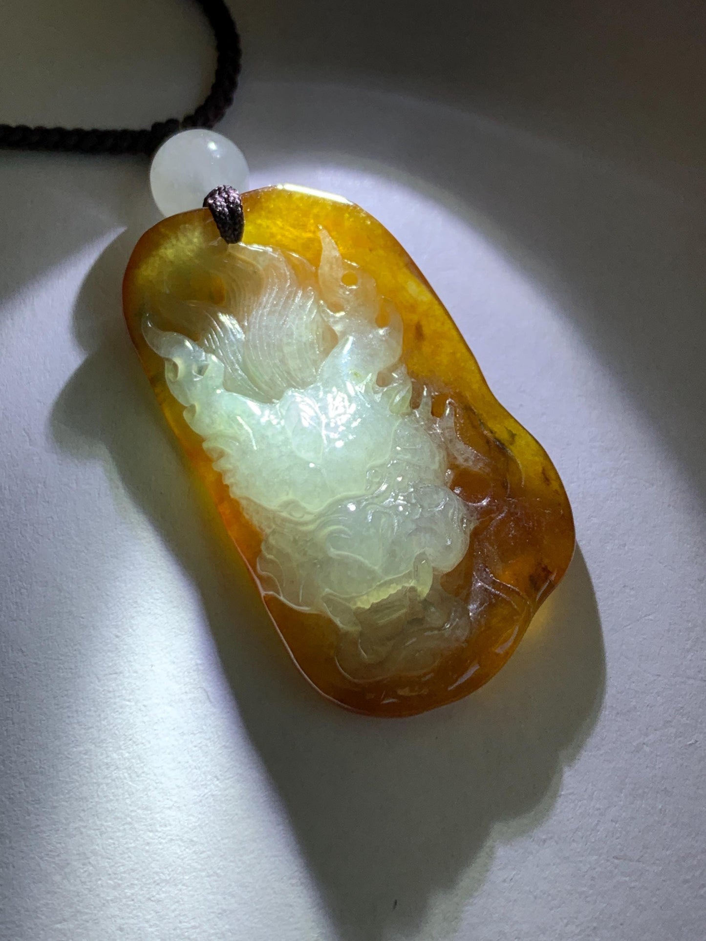Certified Natural Grade A Icy Translucent Beige & Red Bicolored Jade Jadeite Carved Dragon Pendant Rope Necklace 24” 天然冰胶油红皮翡翠龙牌项链 443
