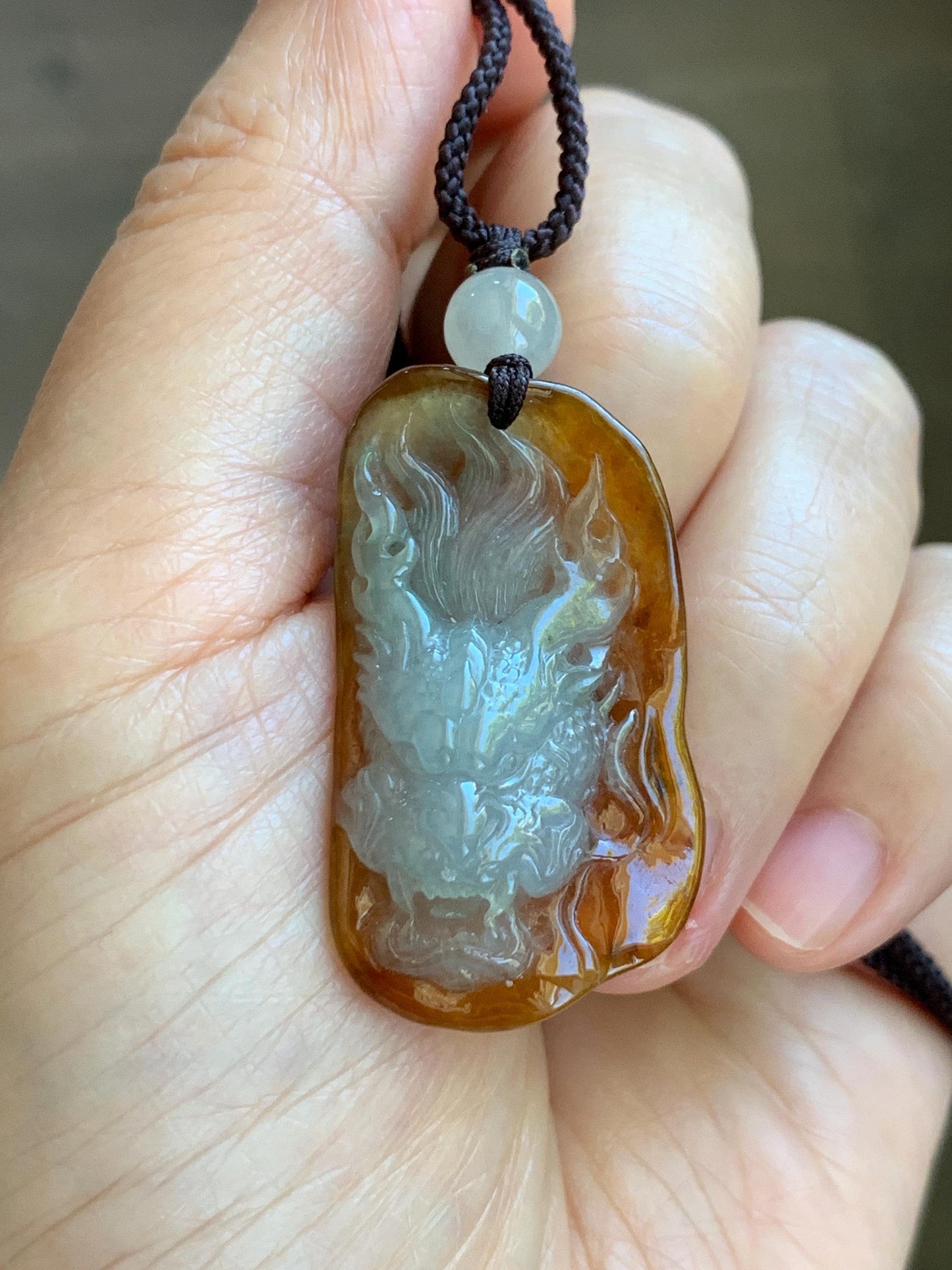 Certified Natural Grade A Icy Translucent Beige & Red Bicolored Jade Jadeite Carved Dragon Pendant Rope Necklace 24” 天然冰胶油红皮翡翠龙牌项链 443