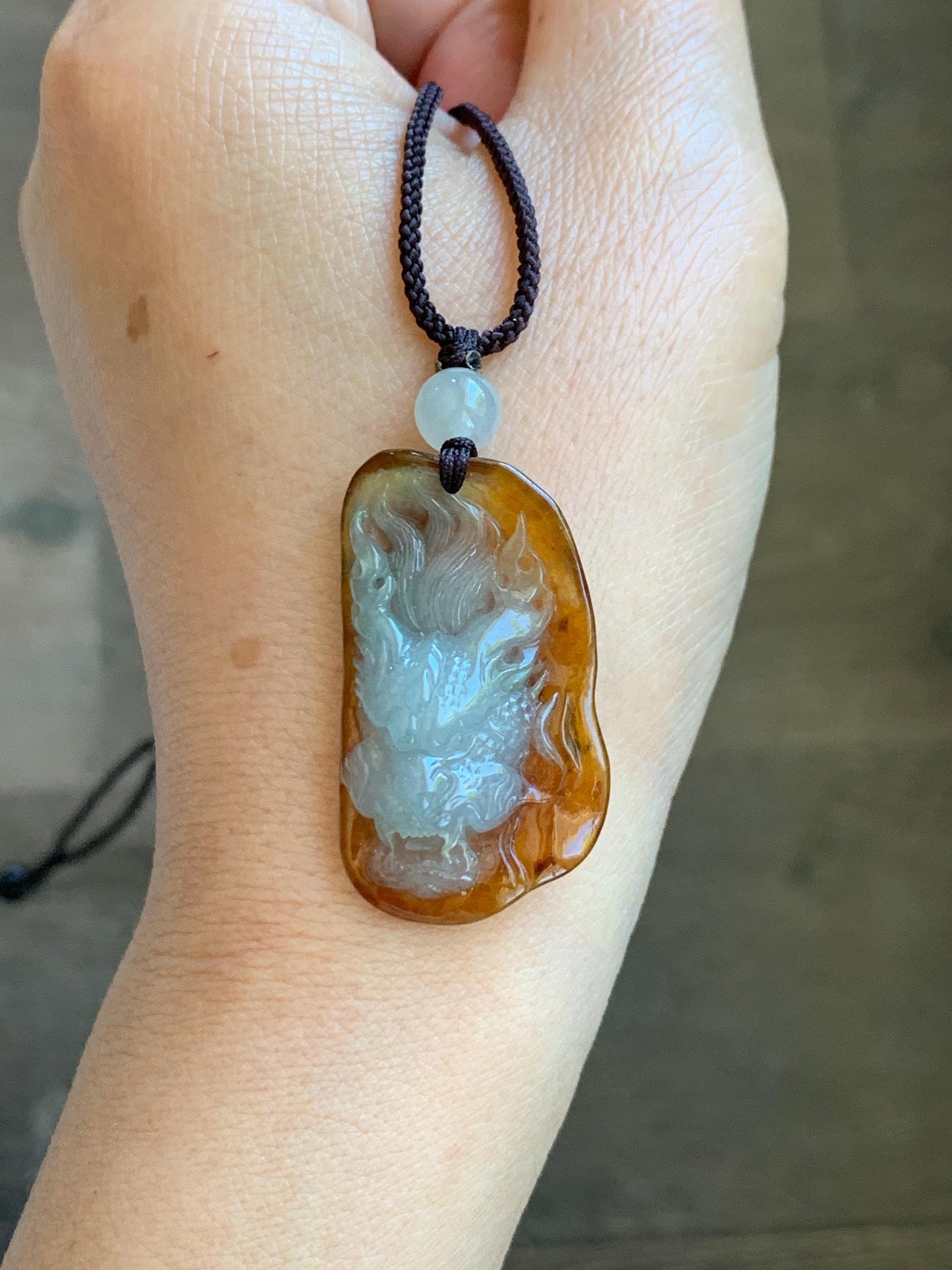 Certified Natural Grade A Icy Translucent Beige & Red Bicolored Jade Jadeite Carved Dragon Pendant Rope Necklace 24” 天然冰胶油红皮翡翠龙牌项链 443