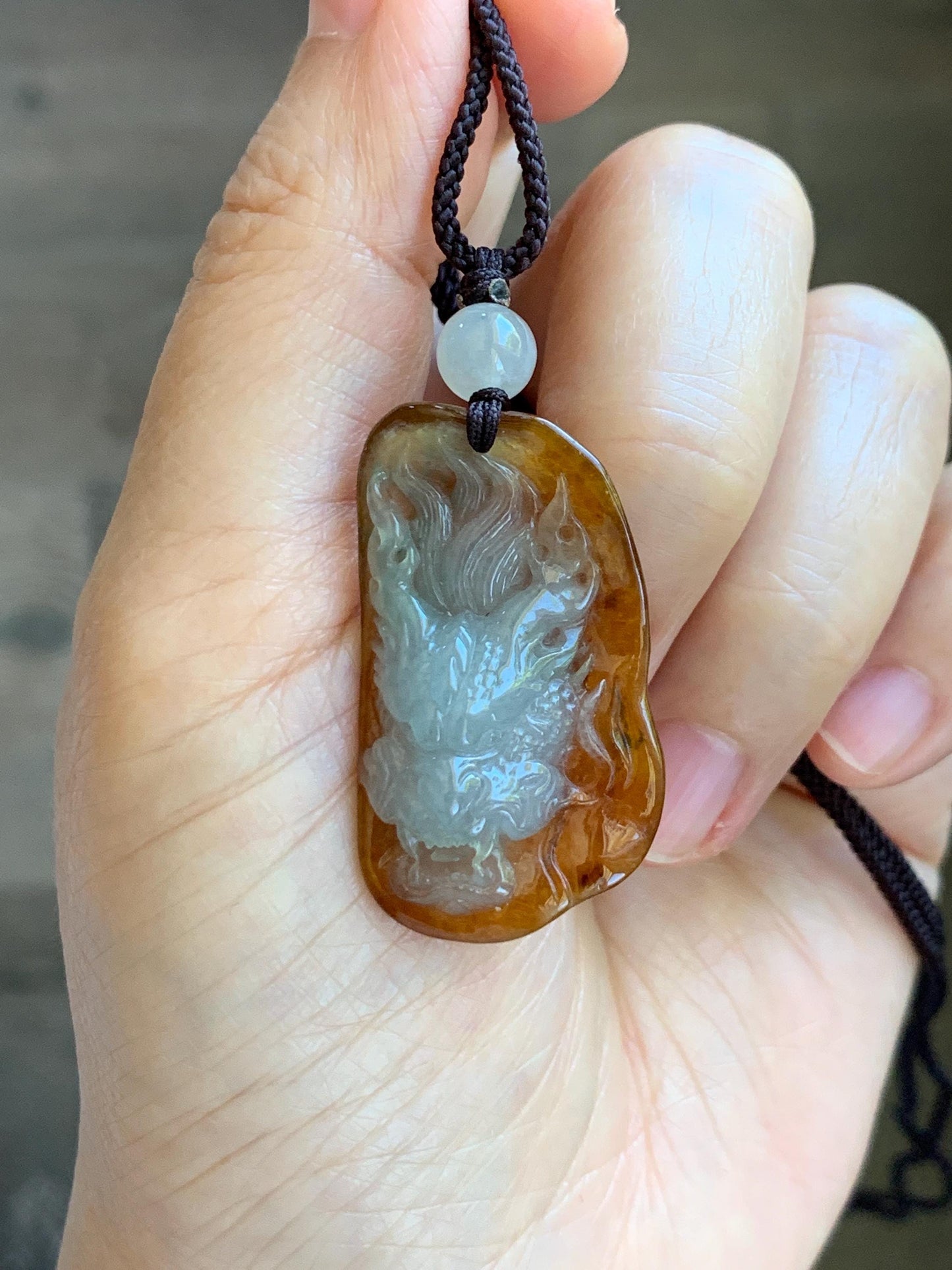 Certified Natural Grade A Icy Translucent Beige & Red Bicolored Jade Jadeite Carved Dragon Pendant Rope Necklace 24” 天然冰胶油红皮翡翠龙牌项链 443