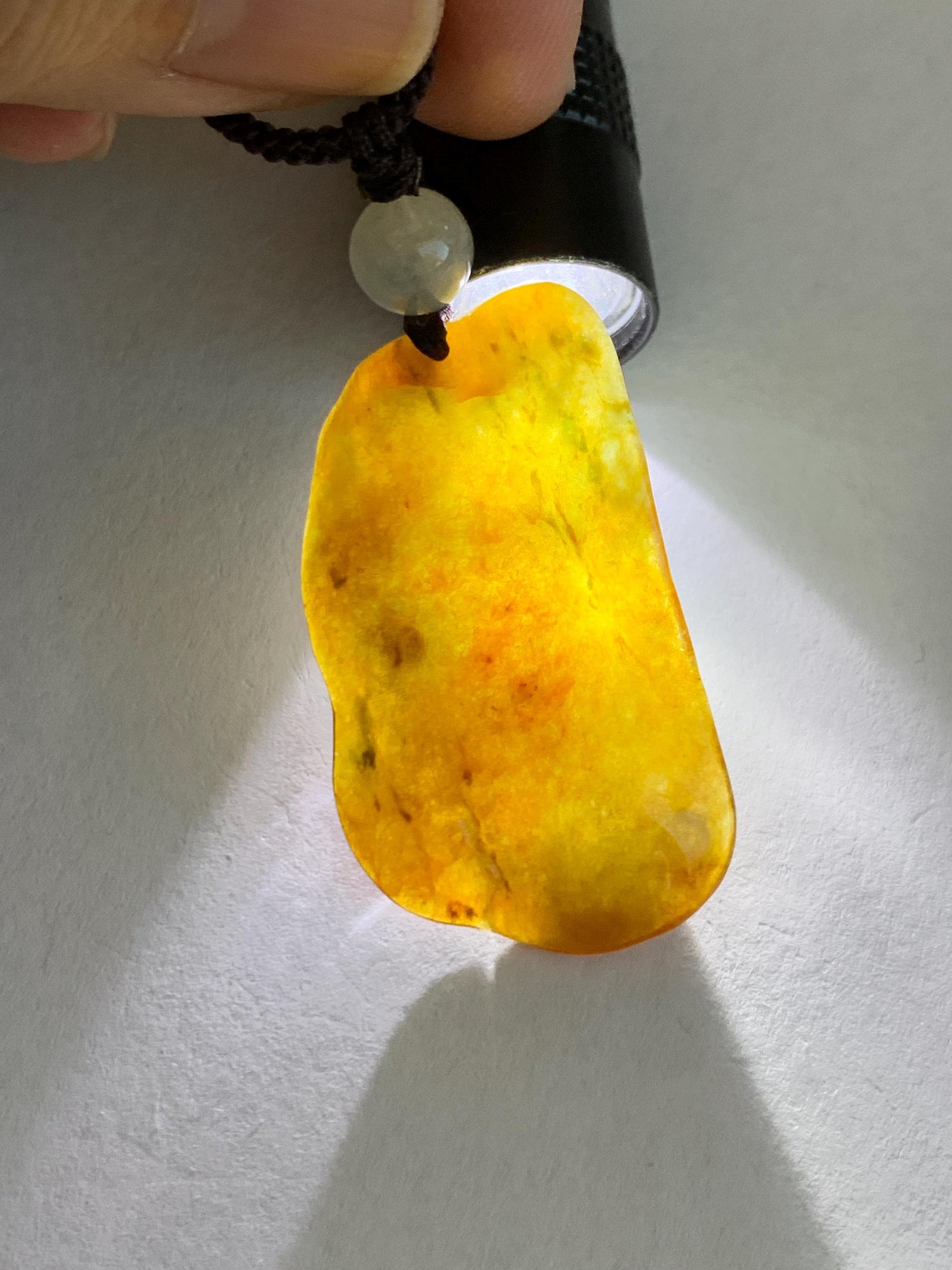 Certified Natural Grade A Icy Translucent Beige & Red Bicolored Jade Jadeite Carved Dragon Pendant Rope Necklace 24” 天然冰胶油红皮翡翠龙牌项链 443