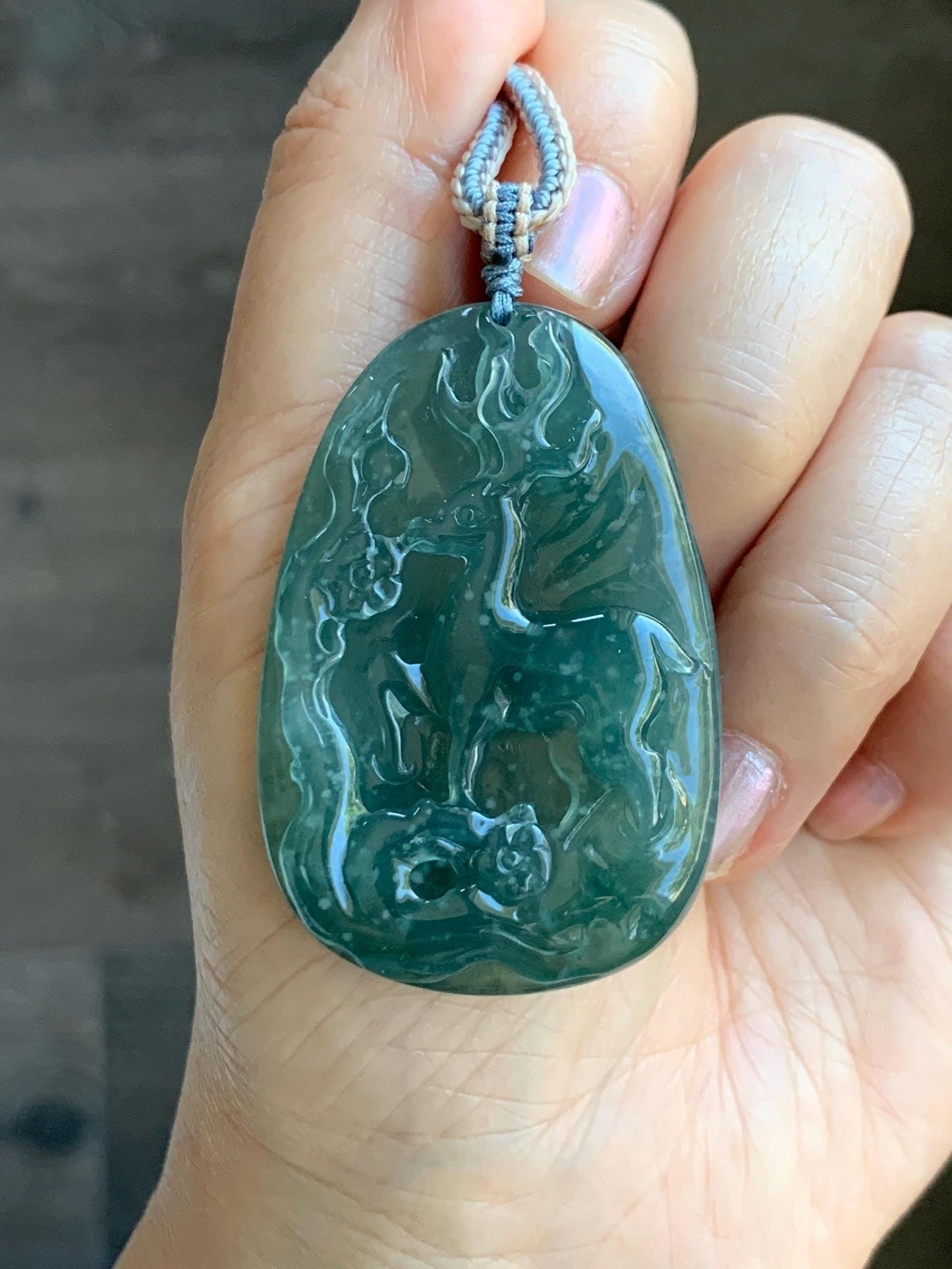 Natural Grade A Guatemalan Icy Translucent Dark Teal Blue Jade Jadeite Deer Cherry Blossom Pendant Rope Necklace 27g 天然冰胶危蓝绿翡翠梅花鹿吊坠 WML220