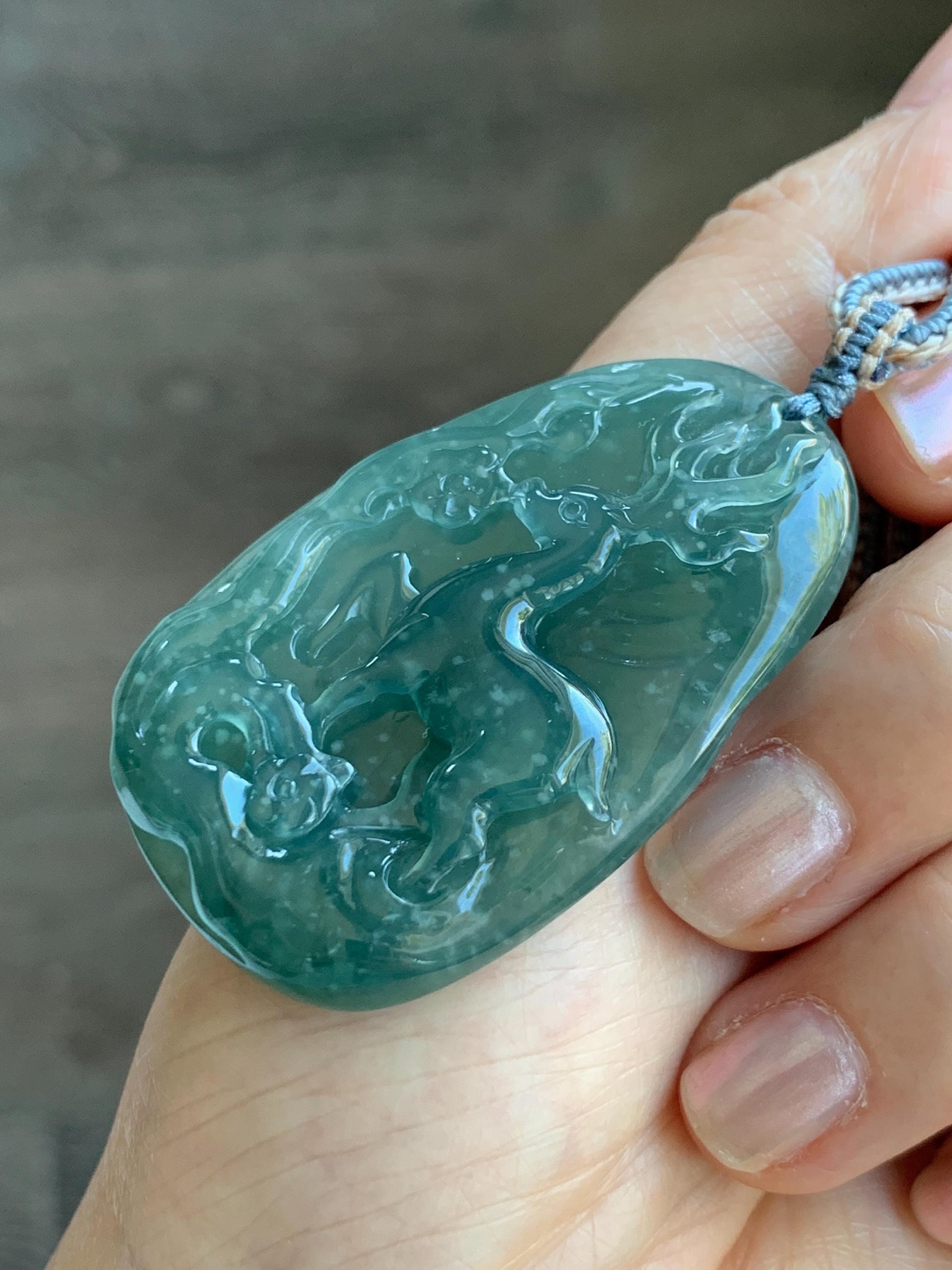 Natural Grade A Guatemalan Icy Translucent Dark Teal Blue Jade Jadeite Deer Cherry Blossom Pendant Rope Necklace 27g 天然冰胶危蓝绿翡翠梅花鹿吊坠 WML220