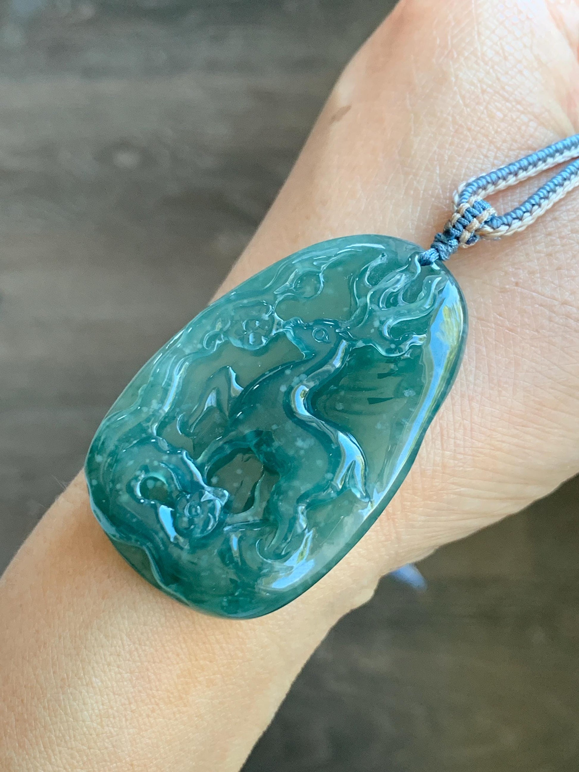 Natural Grade A Guatemalan Icy Translucent Dark Teal Blue Jade Jadeite Deer Cherry Blossom Pendant Rope Necklace 27g 天然冰胶危蓝绿翡翠梅花鹿吊坠 WML220