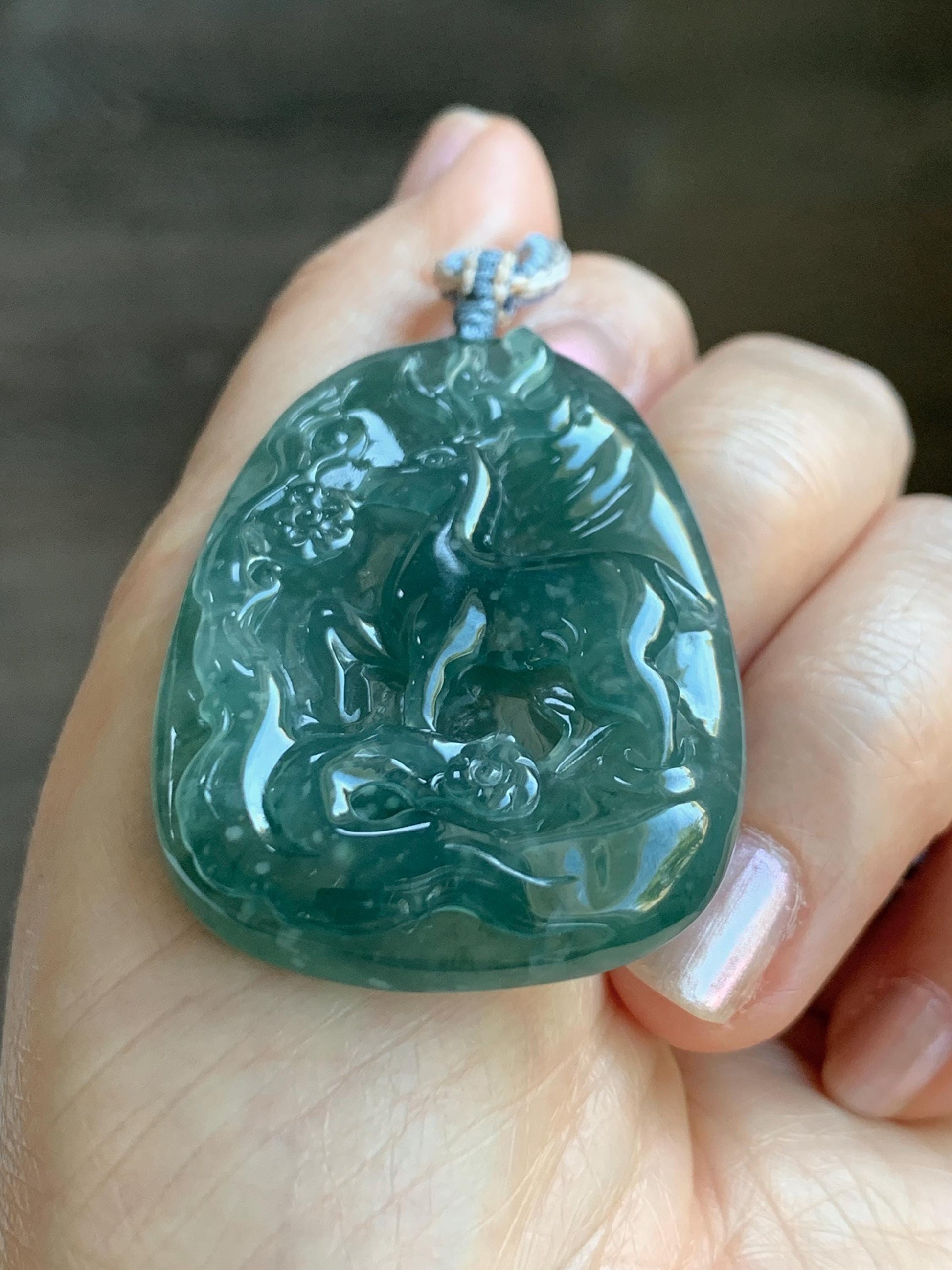 Natural Grade A Guatemalan Icy Translucent Dark Teal Blue Jade Jadeite Deer Cherry Blossom Pendant Rope Necklace 27g 天然冰胶危蓝绿翡翠梅花鹿吊坠 WML220