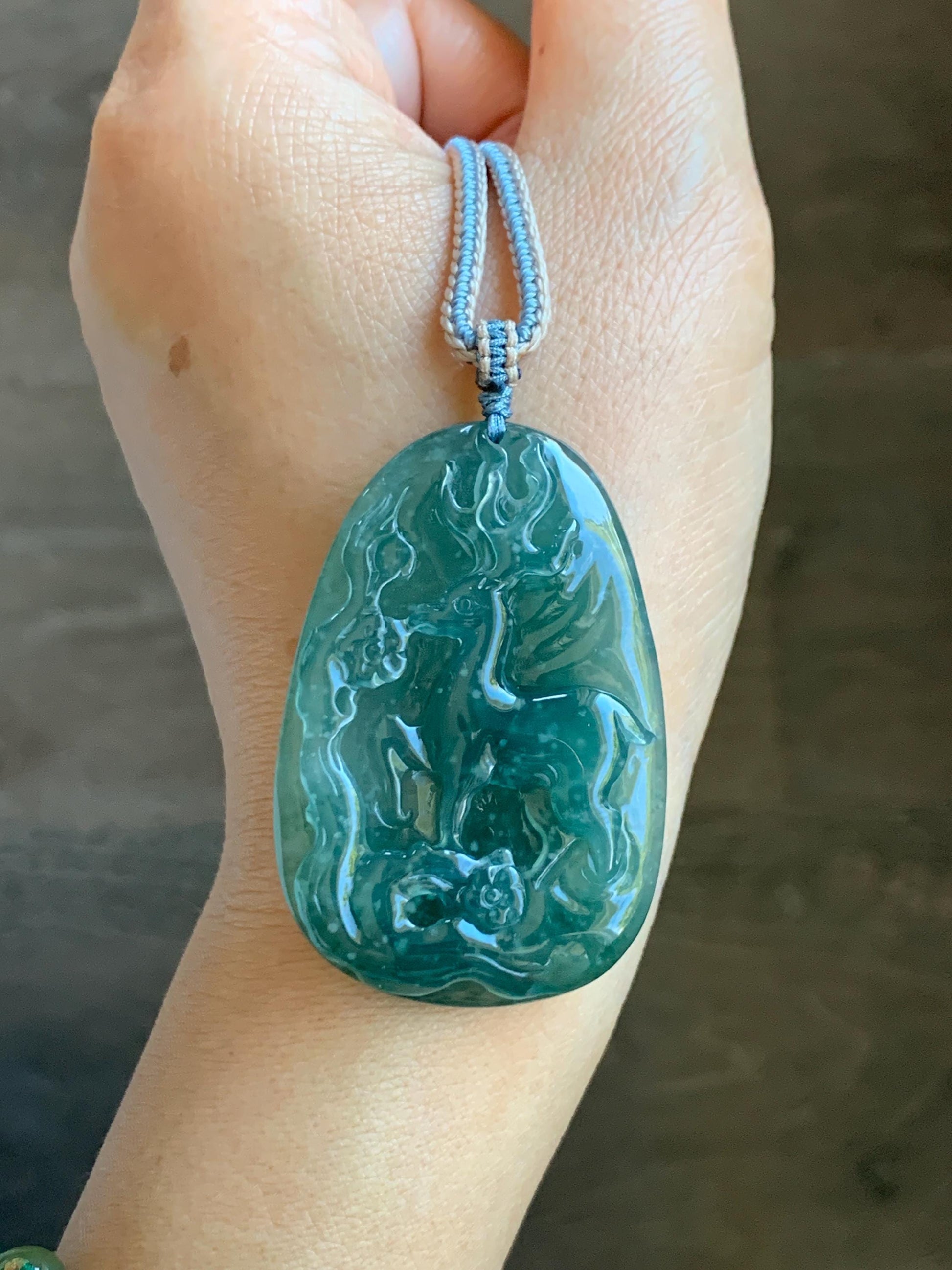 Natural Grade A Guatemalan Icy Translucent Dark Teal Blue Jade Jadeite Deer Cherry Blossom Pendant Rope Necklace 27g 天然冰胶危蓝绿翡翠梅花鹿吊坠 WML220