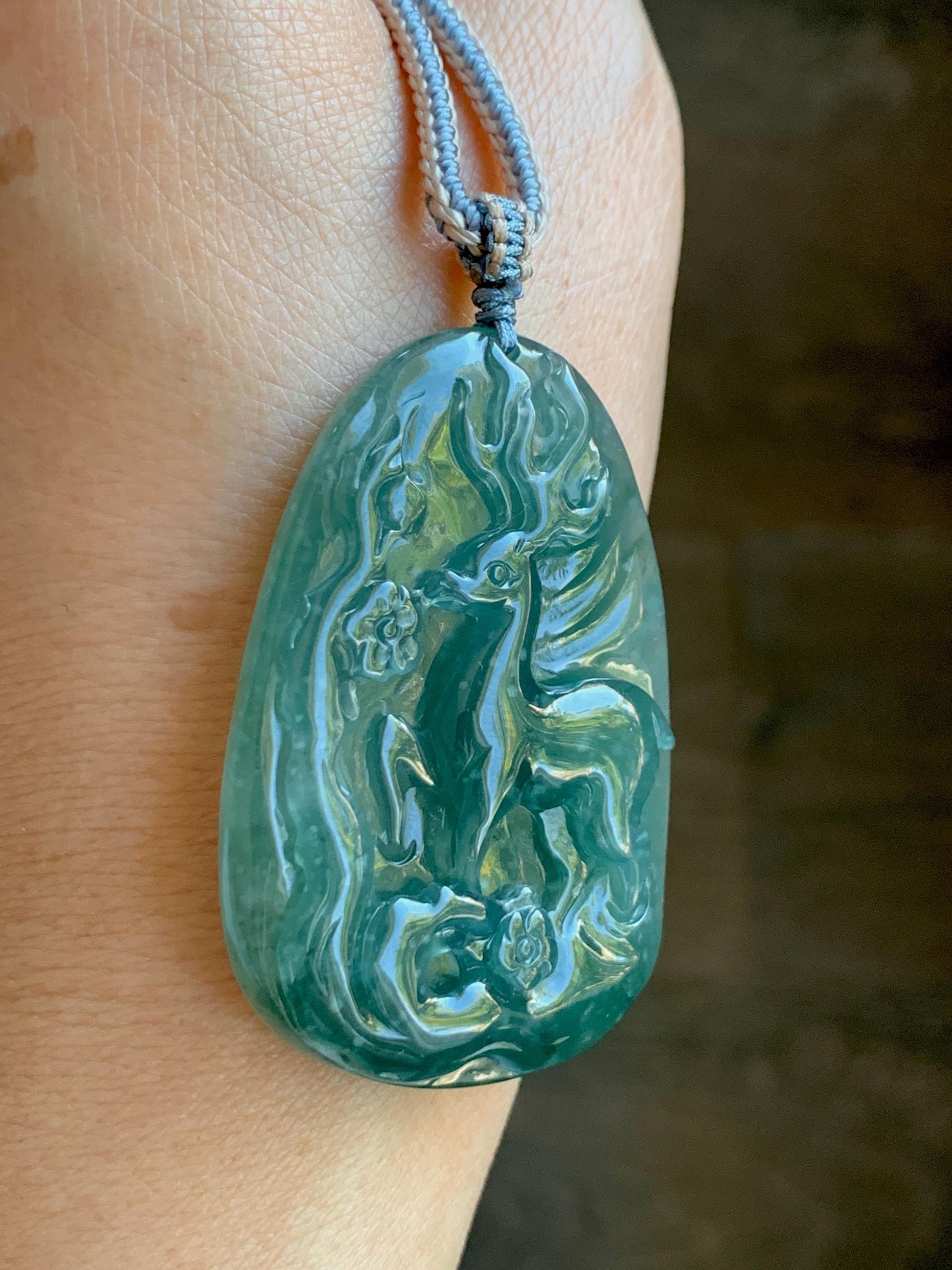 Natural Grade A Guatemalan Icy Translucent Dark Teal Blue Jade Jadeite Deer Cherry Blossom Pendant Rope Necklace 27g 天然冰胶危蓝绿翡翠梅花鹿吊坠 WML220