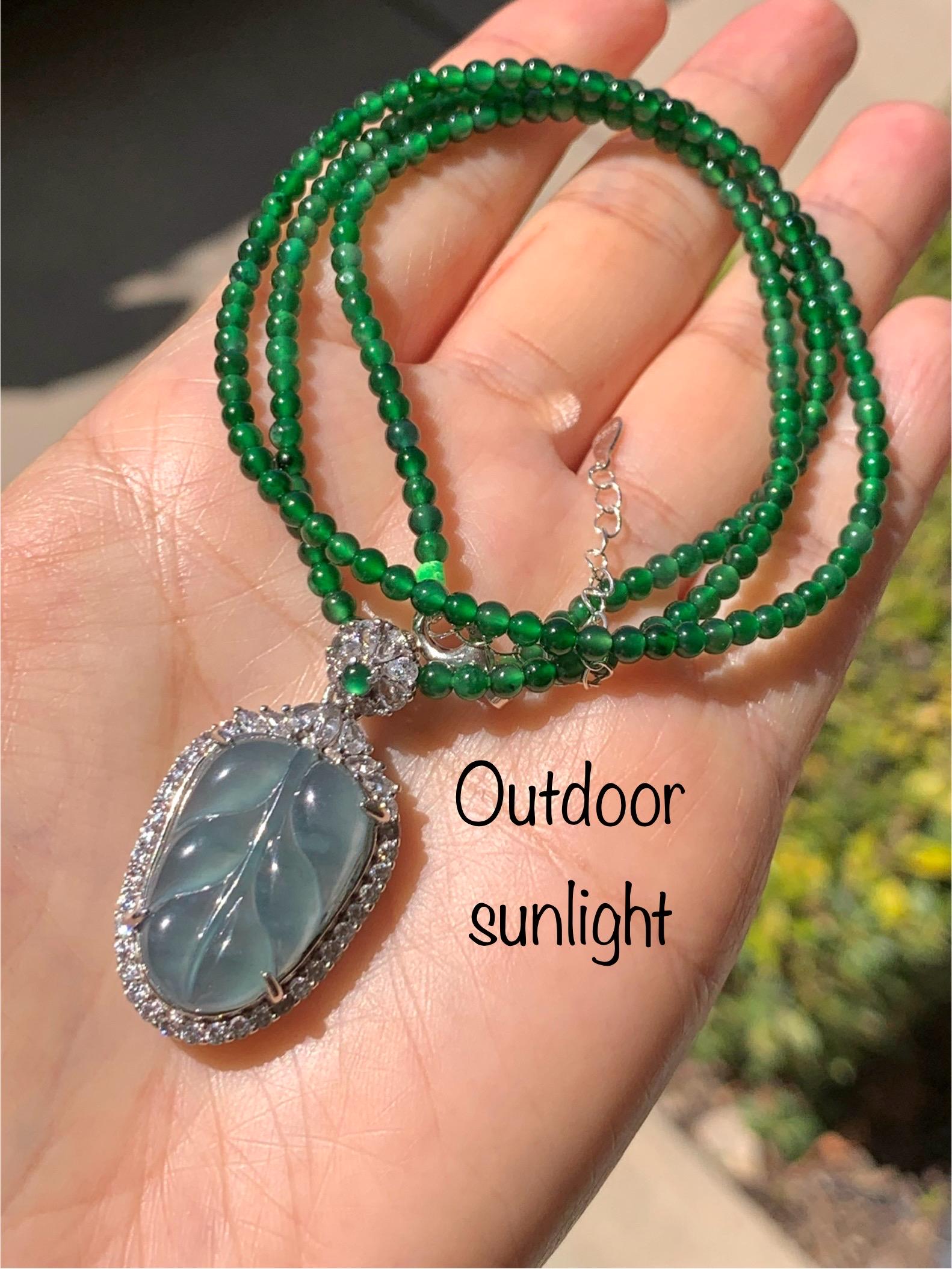 Certified Natural Guatemalan Icy Translucent Blue Jade Jadeite Leaf Pendant Sterling Silver Green Beaded Necklace 18g 天然冰危蓝翡翠叶子吊坠绿翡翠珠项链445