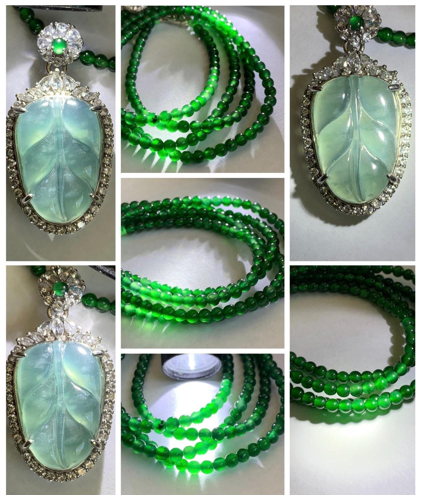 Certified Natural Guatemalan Icy Translucent Blue Jade Jadeite Leaf Pendant Sterling Silver Green Beaded Necklace 18g 天然冰危蓝翡翠叶子吊坠绿翡翠珠项链445