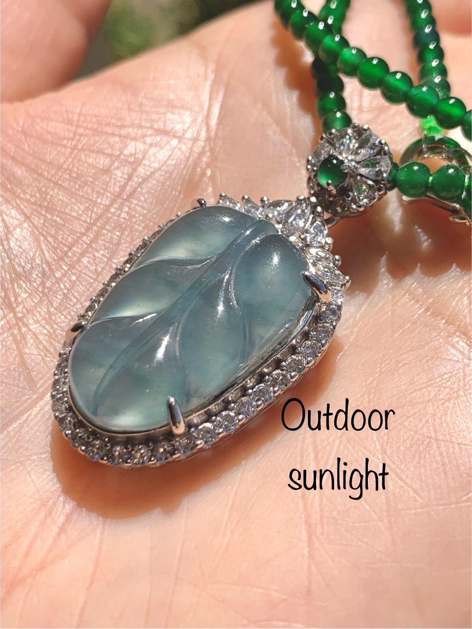 Certified Natural Guatemalan Icy Translucent Blue Jade Jadeite Leaf Pendant Sterling Silver Green Beaded Necklace 18g 天然冰危蓝翡翠叶子吊坠绿翡翠珠项链445