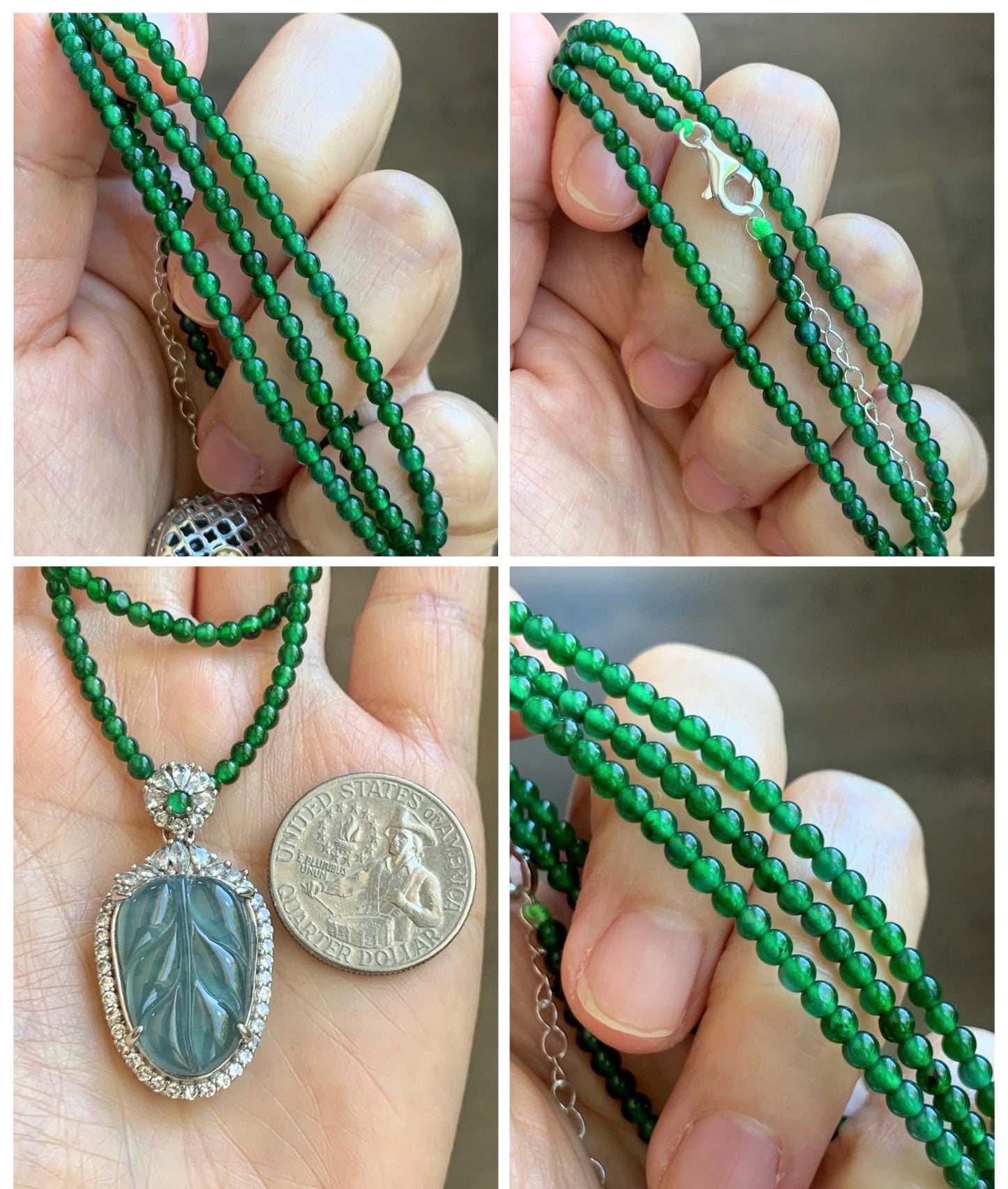 Certified Natural Guatemalan Icy Translucent Blue Jade Jadeite Leaf Pendant Sterling Silver Green Beaded Necklace 18g 天然冰危蓝翡翠叶子吊坠绿翡翠珠项链445