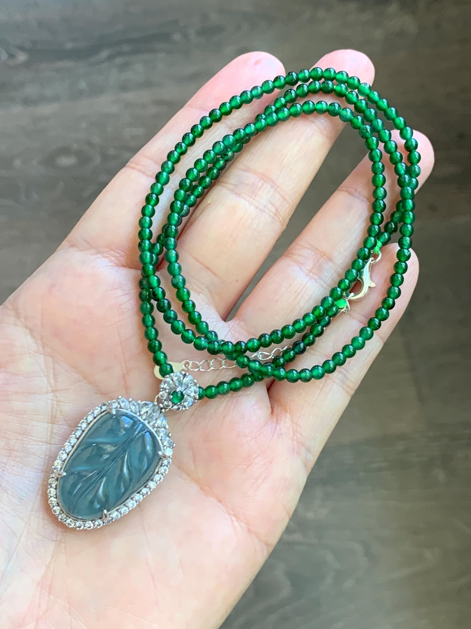 Certified Natural Guatemalan Icy Translucent Blue Jade Jadeite Leaf Pendant Sterling Silver Green Beaded Necklace 18g 天然冰危蓝翡翠叶子吊坠绿翡翠珠项链445