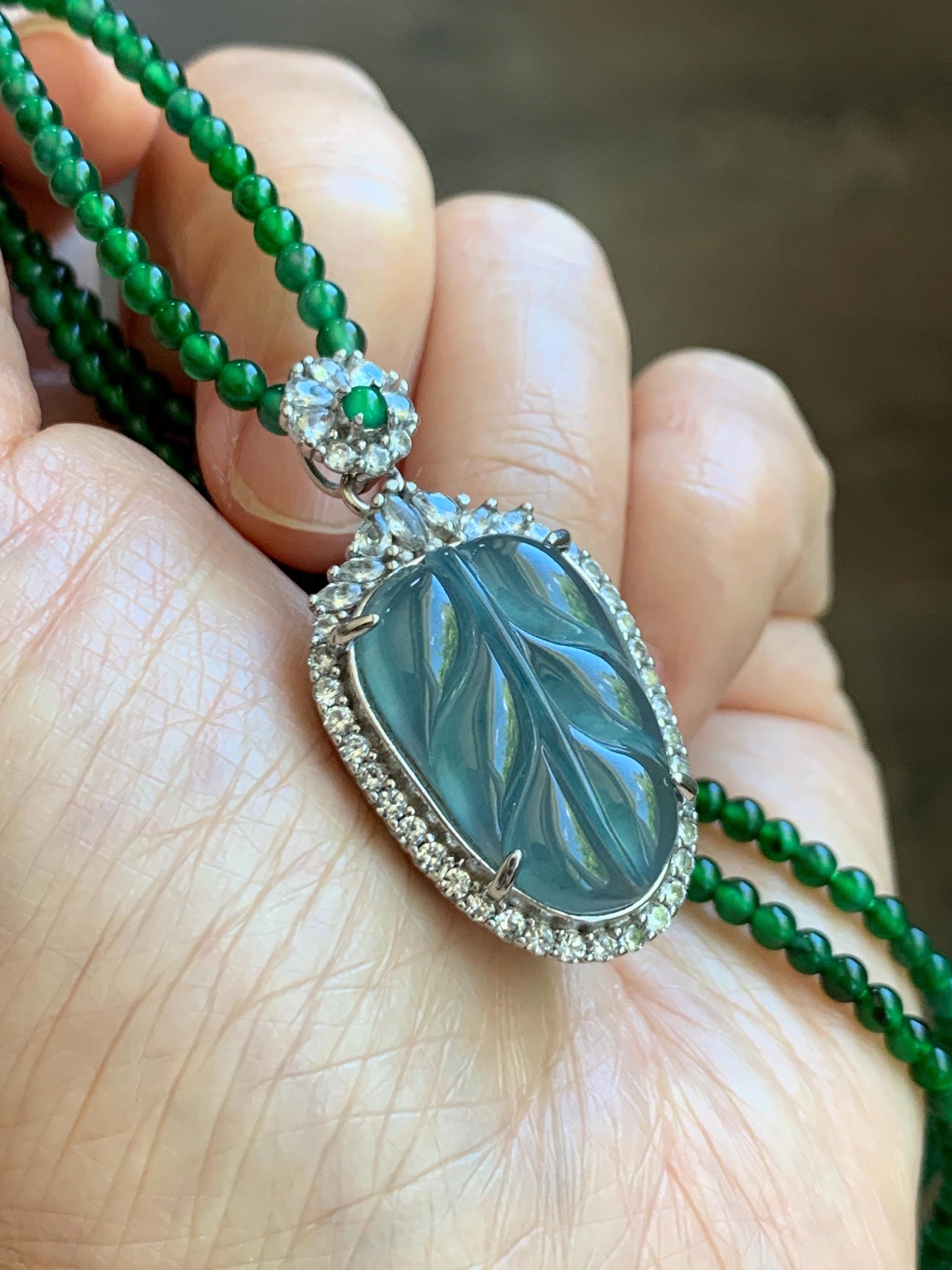 Certified Natural Guatemalan Icy Translucent Blue Jade Jadeite Leaf Pendant Sterling Silver Green Beaded Necklace 18g 天然冰危蓝翡翠叶子吊坠绿翡翠珠项链445
