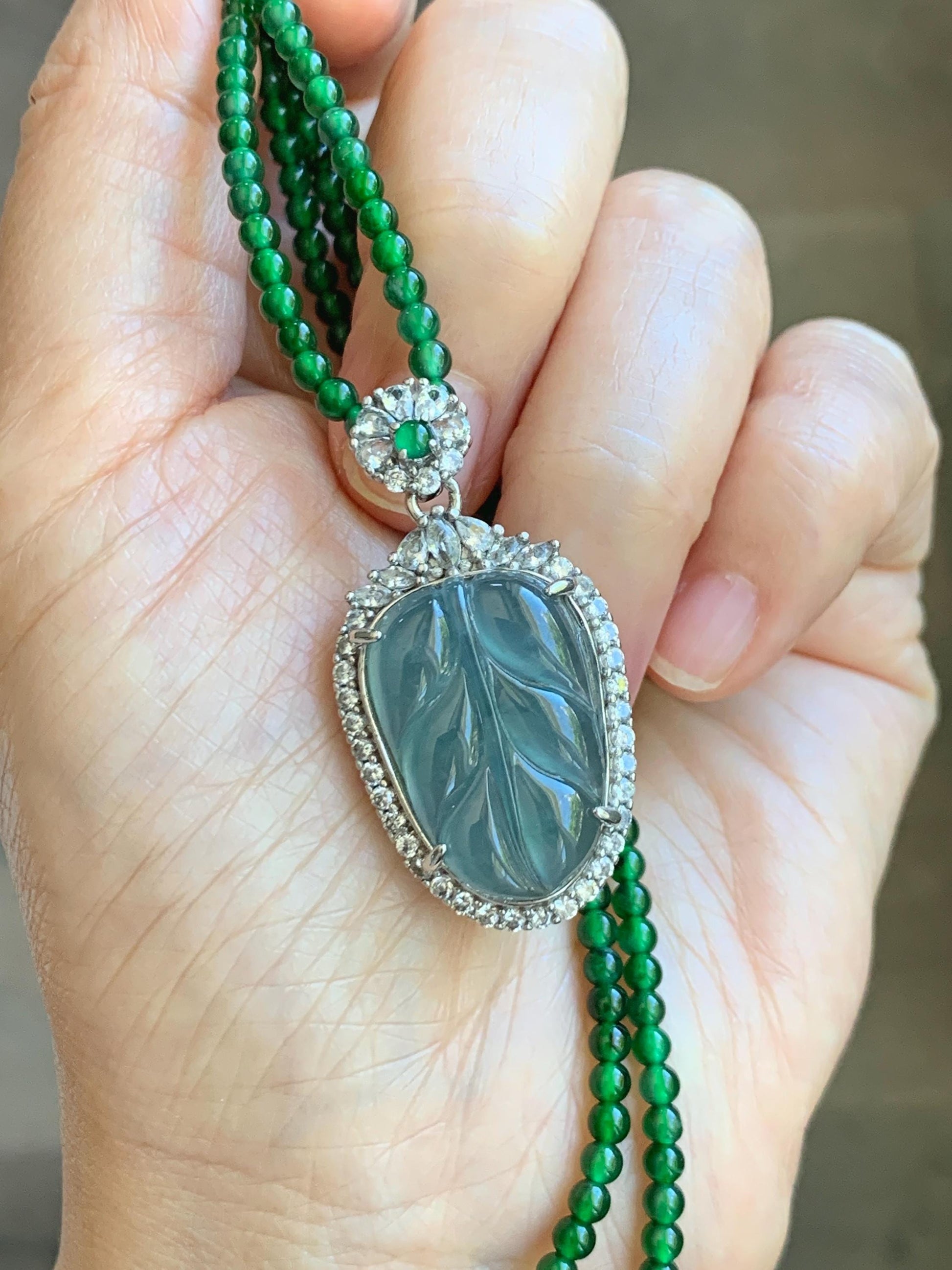 Certified Natural Guatemalan Icy Translucent Blue Jade Jadeite Leaf Pendant Sterling Silver Green Beaded Necklace 18g 天然冰危蓝翡翠叶子吊坠绿翡翠珠项链445