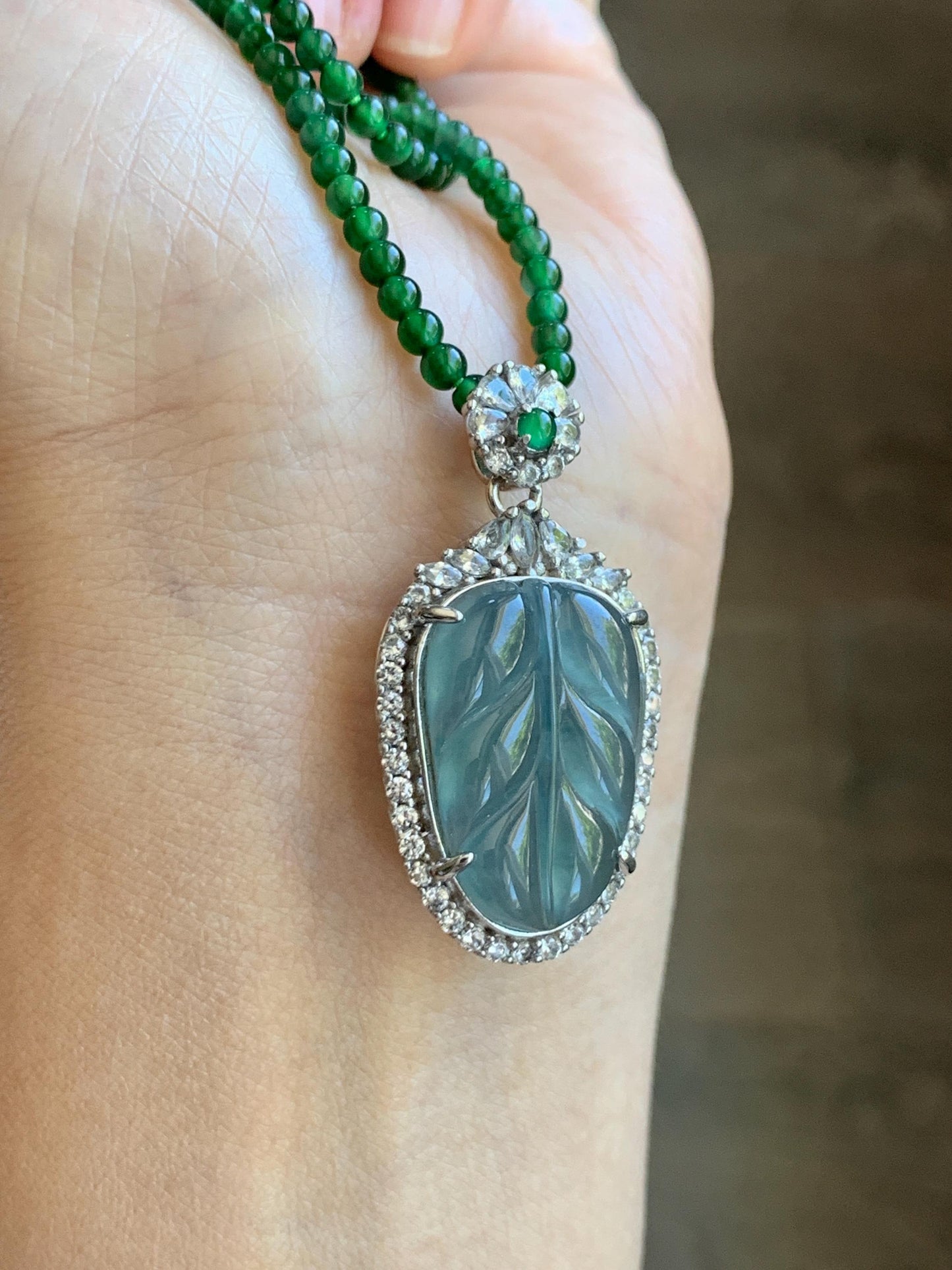 Certified Natural Guatemalan Icy Translucent Blue Jade Jadeite Leaf Pendant Sterling Silver Green Beaded Necklace 18g 天然冰危蓝翡翠叶子吊坠绿翡翠珠项链445