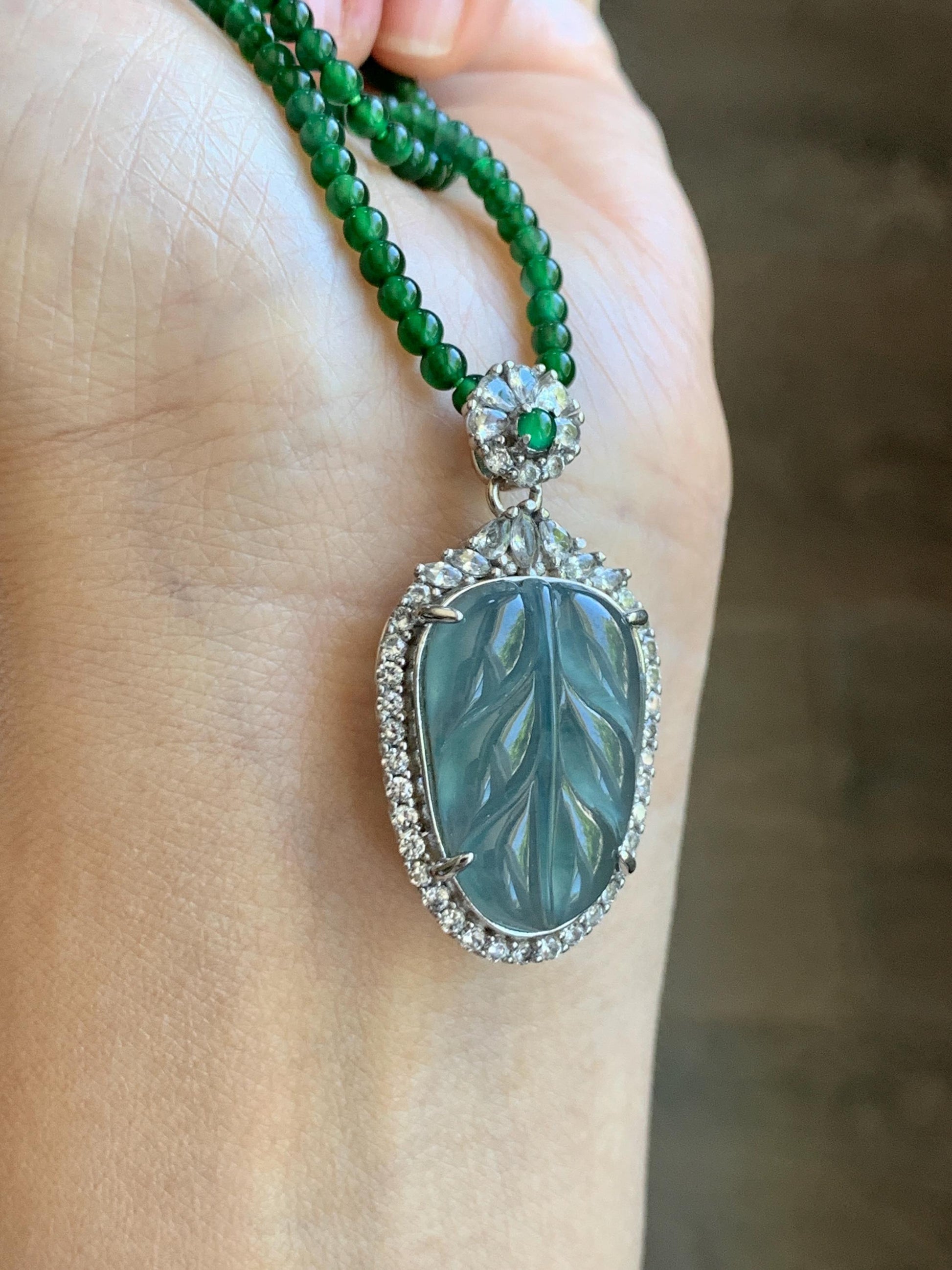 Certified Natural Guatemalan Icy Translucent Blue Jade Jadeite Leaf Pendant Sterling Silver Green Beaded Necklace 18g 天然冰危蓝翡翠叶子吊坠绿翡翠珠项链445