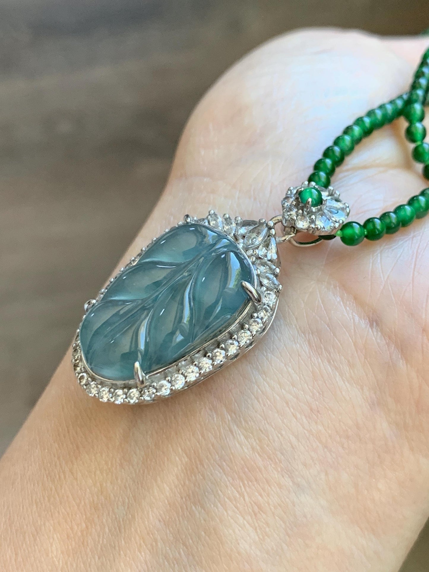 Certified Natural Guatemalan Icy Translucent Blue Jade Jadeite Leaf Pendant Sterling Silver Green Beaded Necklace 18g 天然冰危蓝翡翠叶子吊坠绿翡翠珠项链445
