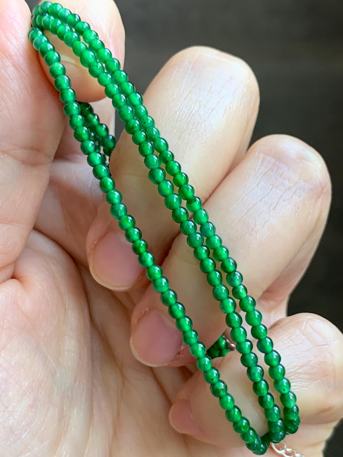 Certified Natural Grade A Guatemalan Icy Vibrant Green Jade Jadeite Petite Beaded Necklace Sterling Silver 2.5-2.7mm 6.79g 天然冰危绿翡翠小圆珠项链 470