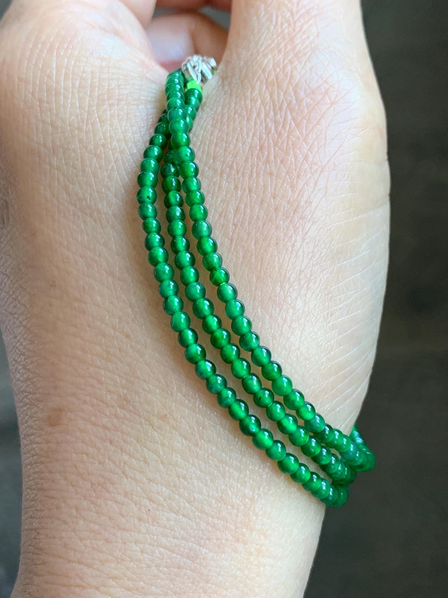 Certified Natural Grade A Guatemalan Icy Vibrant Green Jade Jadeite Petite Beaded Necklace Sterling Silver 2.5-2.7mm 6.79g 天然冰危绿翡翠小圆珠项链 470