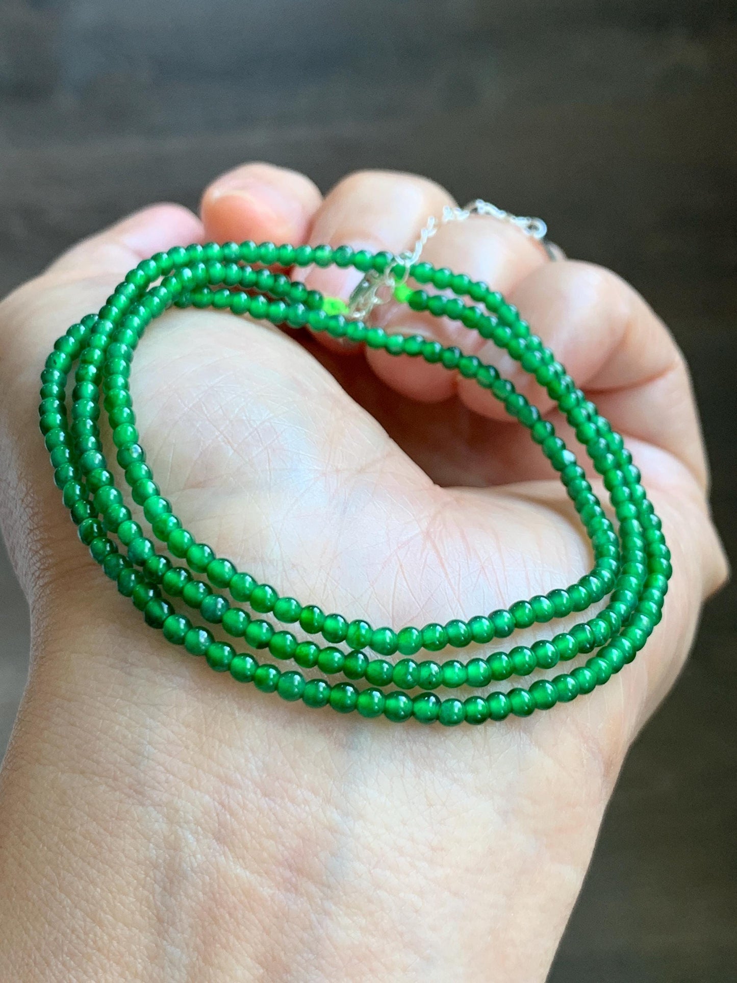 Certified Natural Grade A Guatemalan Icy Vibrant Green Jade Jadeite Petite Beaded Necklace Sterling Silver 2.5-2.7mm 6.79g 天然冰危绿翡翠小圆珠项链 470