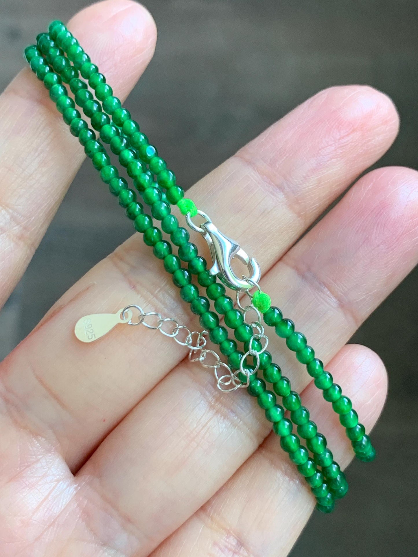 Certified Natural Grade A Guatemalan Icy Vibrant Green Jade Jadeite Petite Beaded Necklace Sterling Silver 2.5-2.7mm 6.79g 天然冰危绿翡翠小圆珠项链 470
