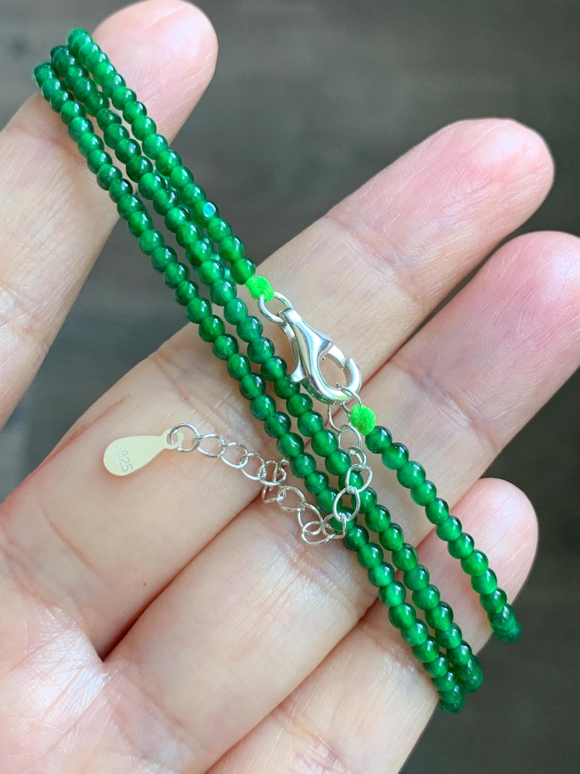 Certified Natural Grade A Guatemalan Icy Vibrant Green Jade Jadeite Petite Beaded Necklace Sterling Silver 2.5-2.7mm 6.79g 天然冰危绿翡翠小圆珠项链 470
