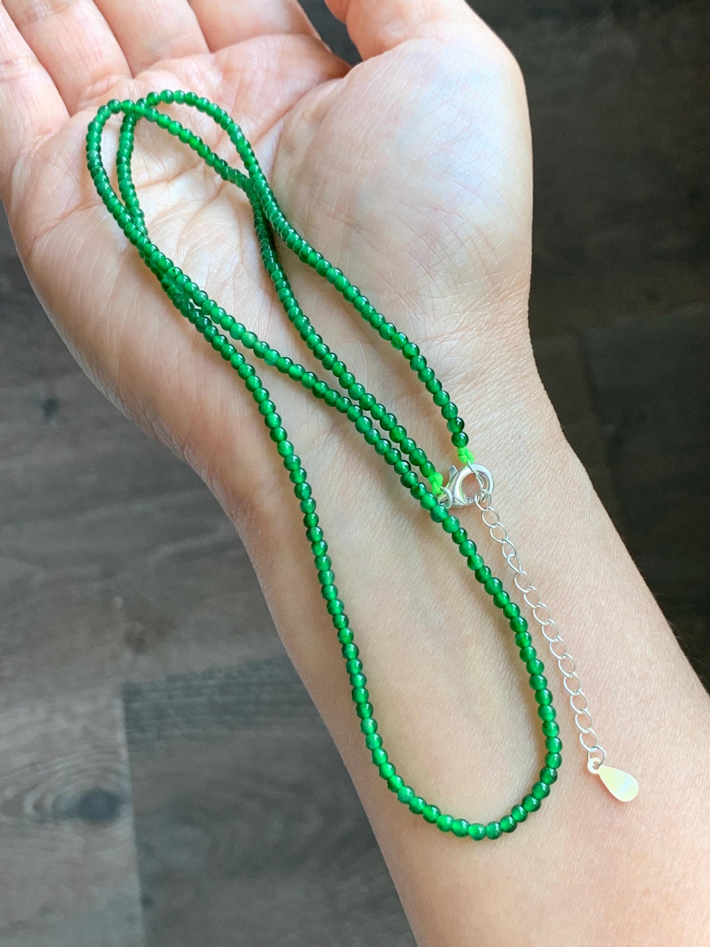 Certified Natural Grade A Guatemalan Icy Vibrant Green Jade Jadeite Petite Beaded Necklace Sterling Silver 2.5-2.7mm 6.79g 天然冰危绿翡翠小圆珠项链 470