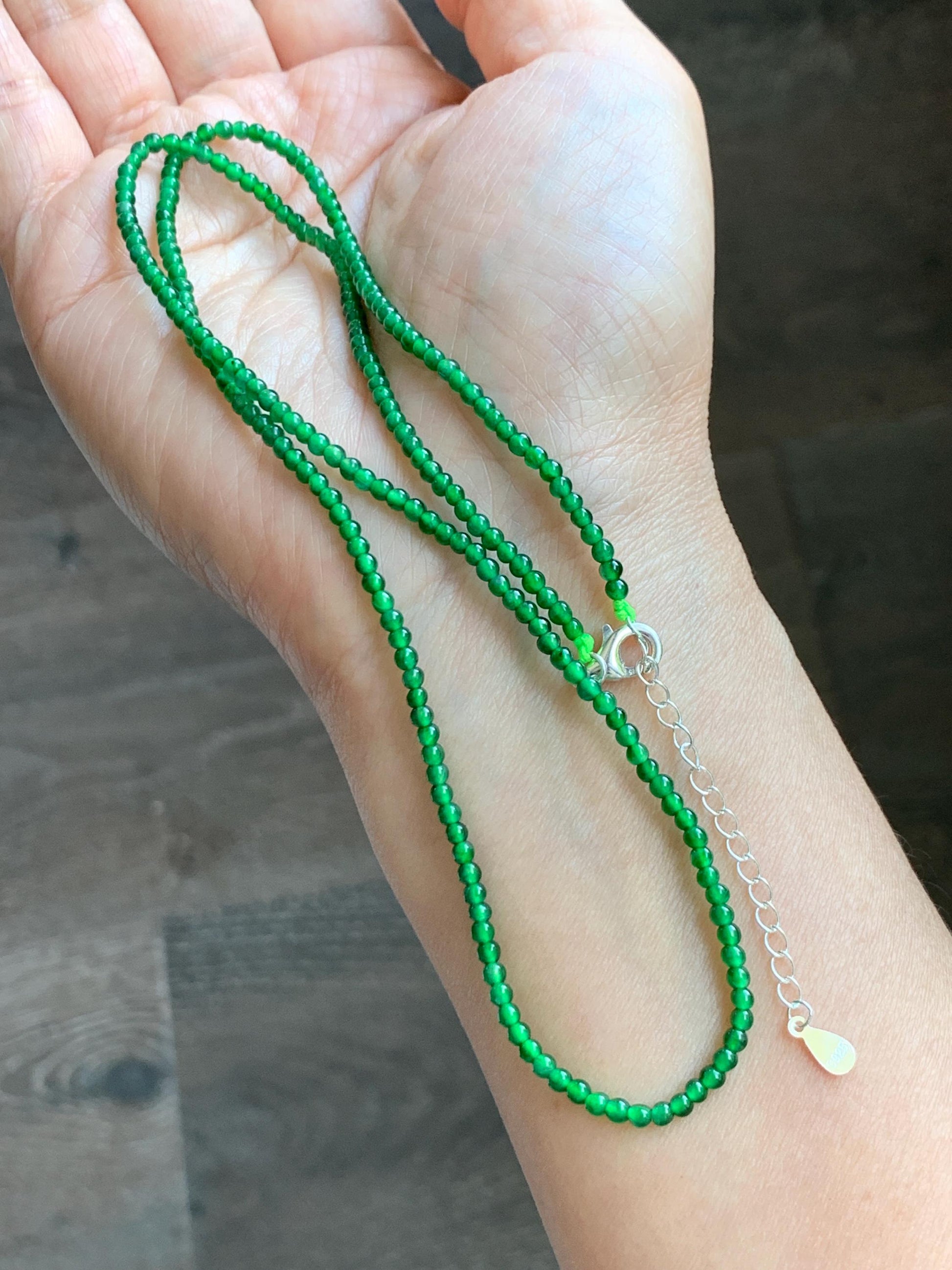 Certified Natural Grade A Guatemalan Icy Vibrant Green Jade Jadeite Petite Beaded Necklace Sterling Silver 2.5-2.7mm 6.79g 天然冰危绿翡翠小圆珠项链 470