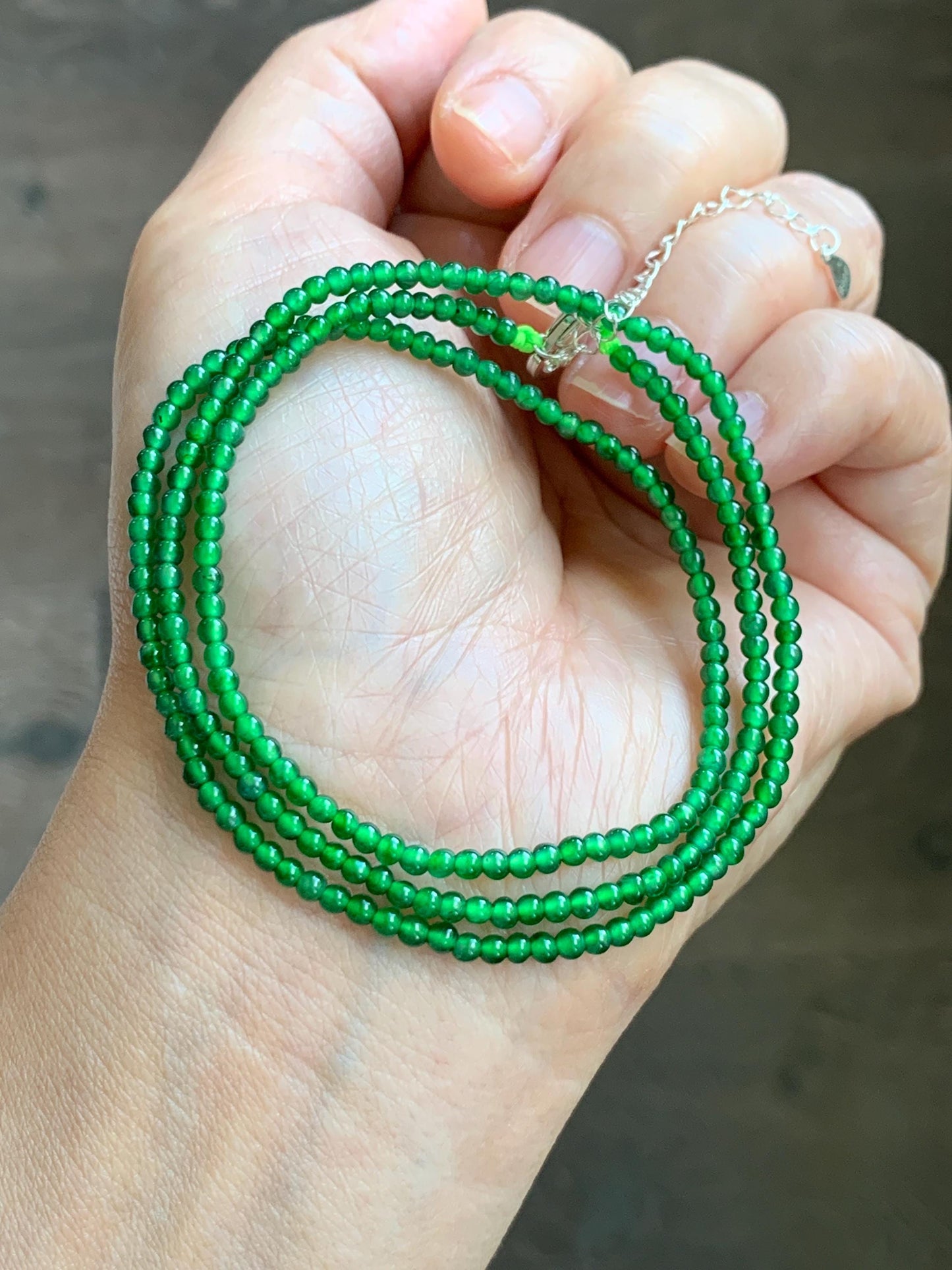 Certified Natural Grade A Guatemalan Icy Vibrant Green Jade Jadeite Petite Beaded Necklace Sterling Silver 2.5-2.7mm 6.79g 天然冰危绿翡翠小圆珠项链 470