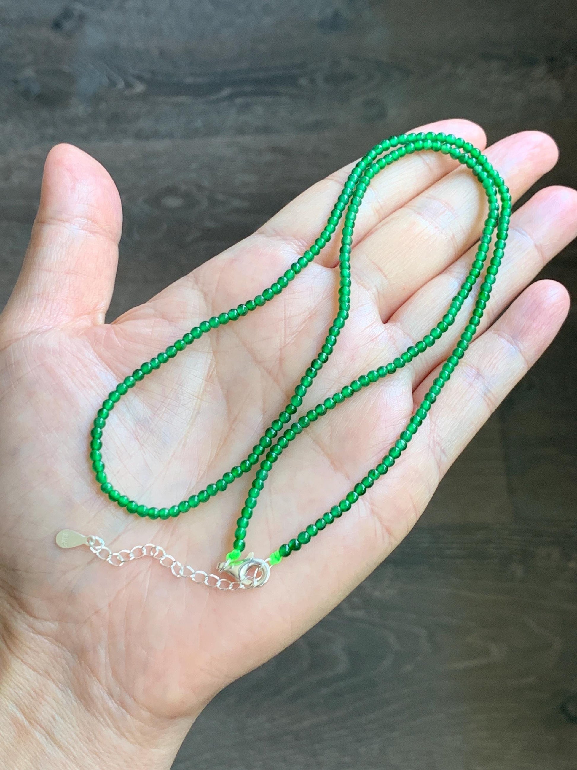 Certified Natural Grade A Guatemalan Icy Vibrant Green Jade Jadeite Petite Beaded Necklace Sterling Silver 2.5-2.7mm 6.79g 天然冰危绿翡翠小圆珠项链 470