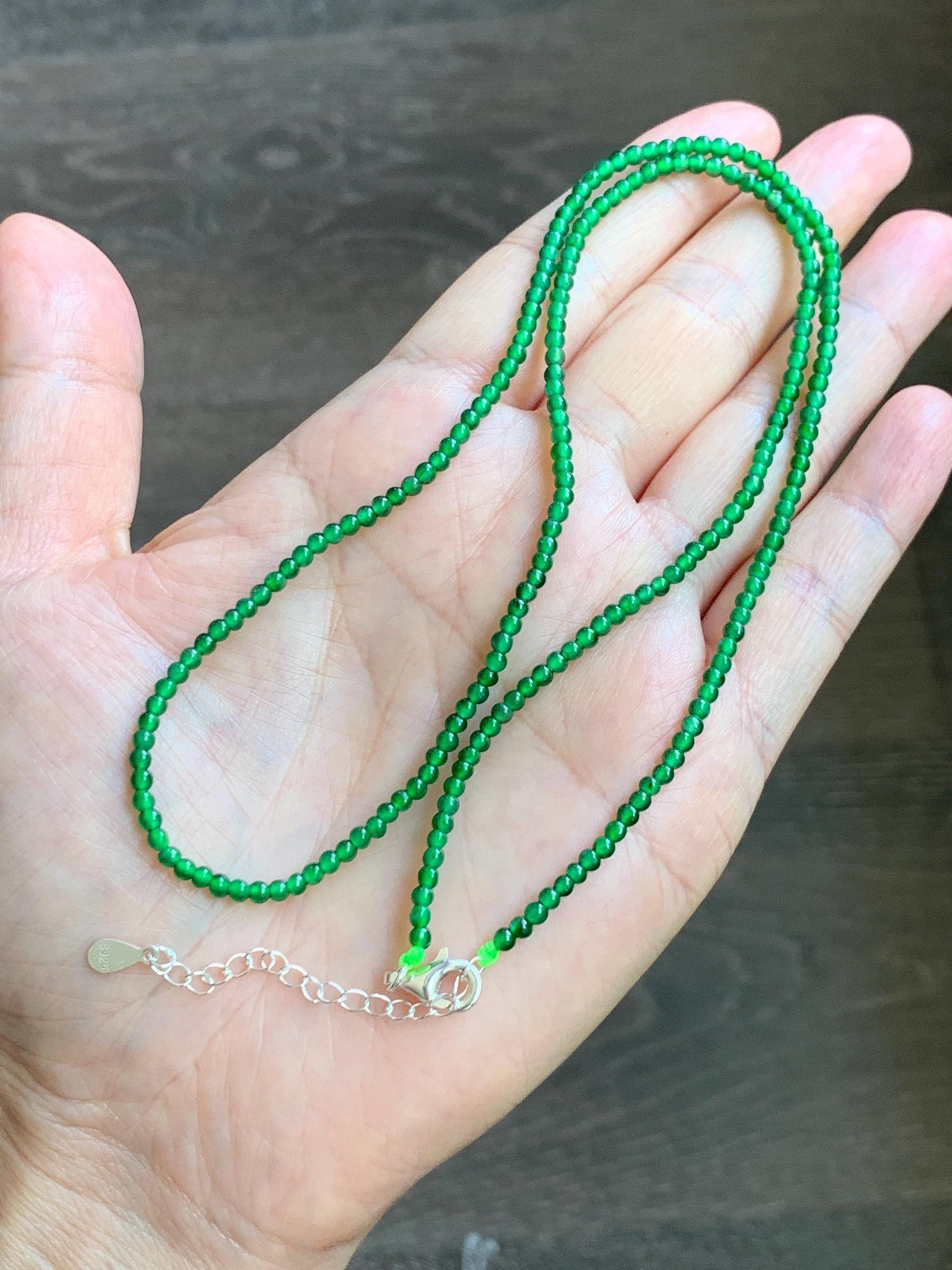 Certified Natural Grade A Guatemalan Icy Vibrant Green Jade Jadeite Petite Beaded Necklace Sterling Silver 2.5-2.7mm 6.79g 天然冰危绿翡翠小圆珠项链 470