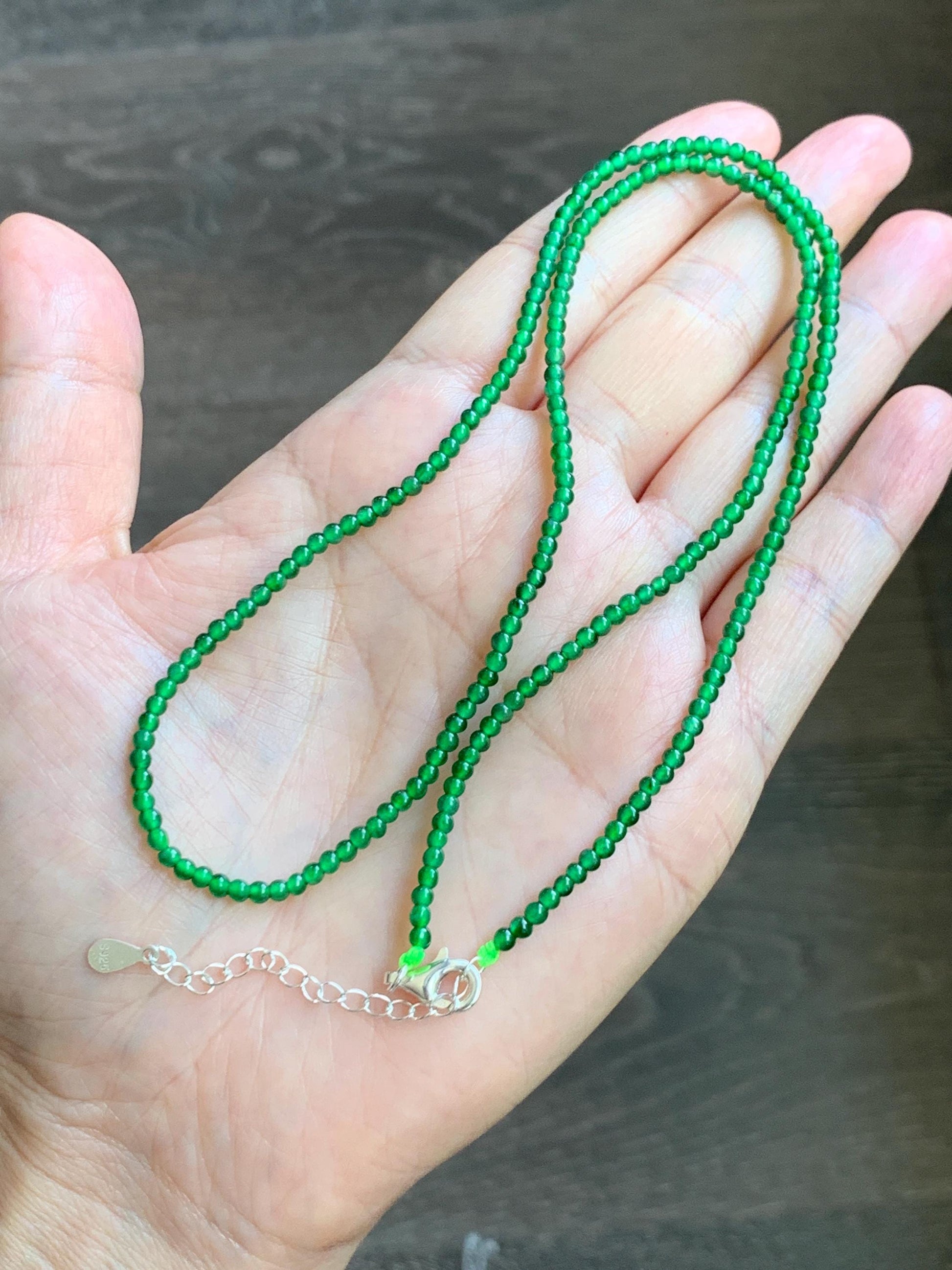 Certified Natural Grade A Guatemalan Icy Vibrant Green Jade Jadeite Petite Beaded Necklace Sterling Silver 2.5-2.7mm 6.79g 天然冰危绿翡翠小圆珠项链 470