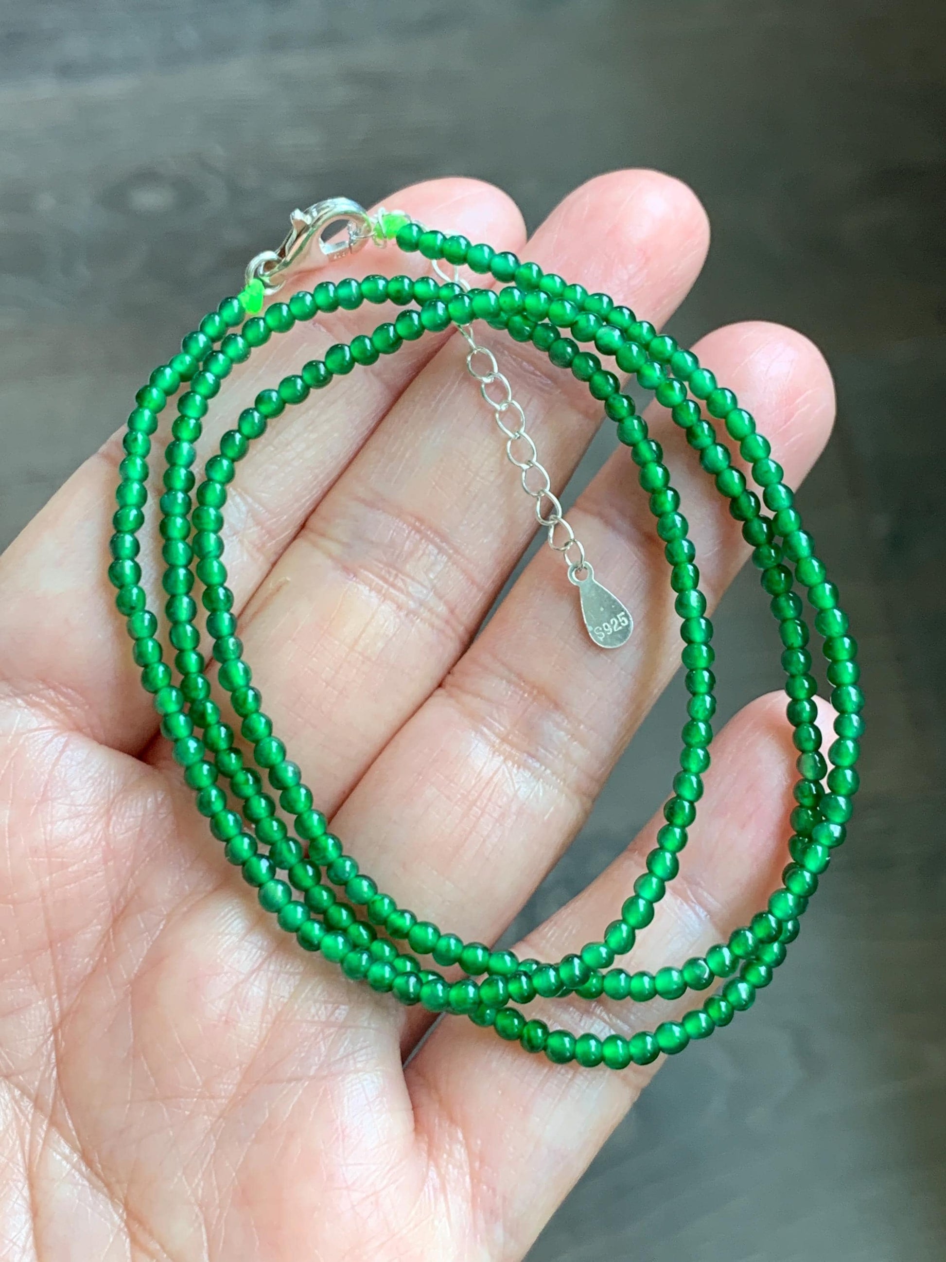 Certified Natural Grade A Guatemalan Icy Vibrant Green Jade Jadeite Petite Beaded Necklace Sterling Silver 2.5-2.7mm 6.75g 天然冰危绿翡翠小圆珠项链 469
