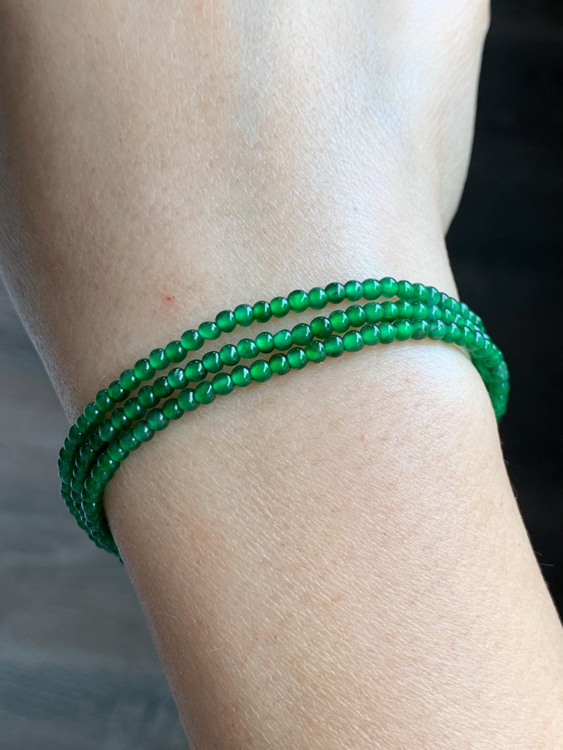 Certified Natural Grade A Guatemalan Icy Vibrant Green Jade Jadeite Petite Beaded Necklace Sterling Silver 2.5-2.7mm 6.75g 天然冰危绿翡翠小圆珠项链 469