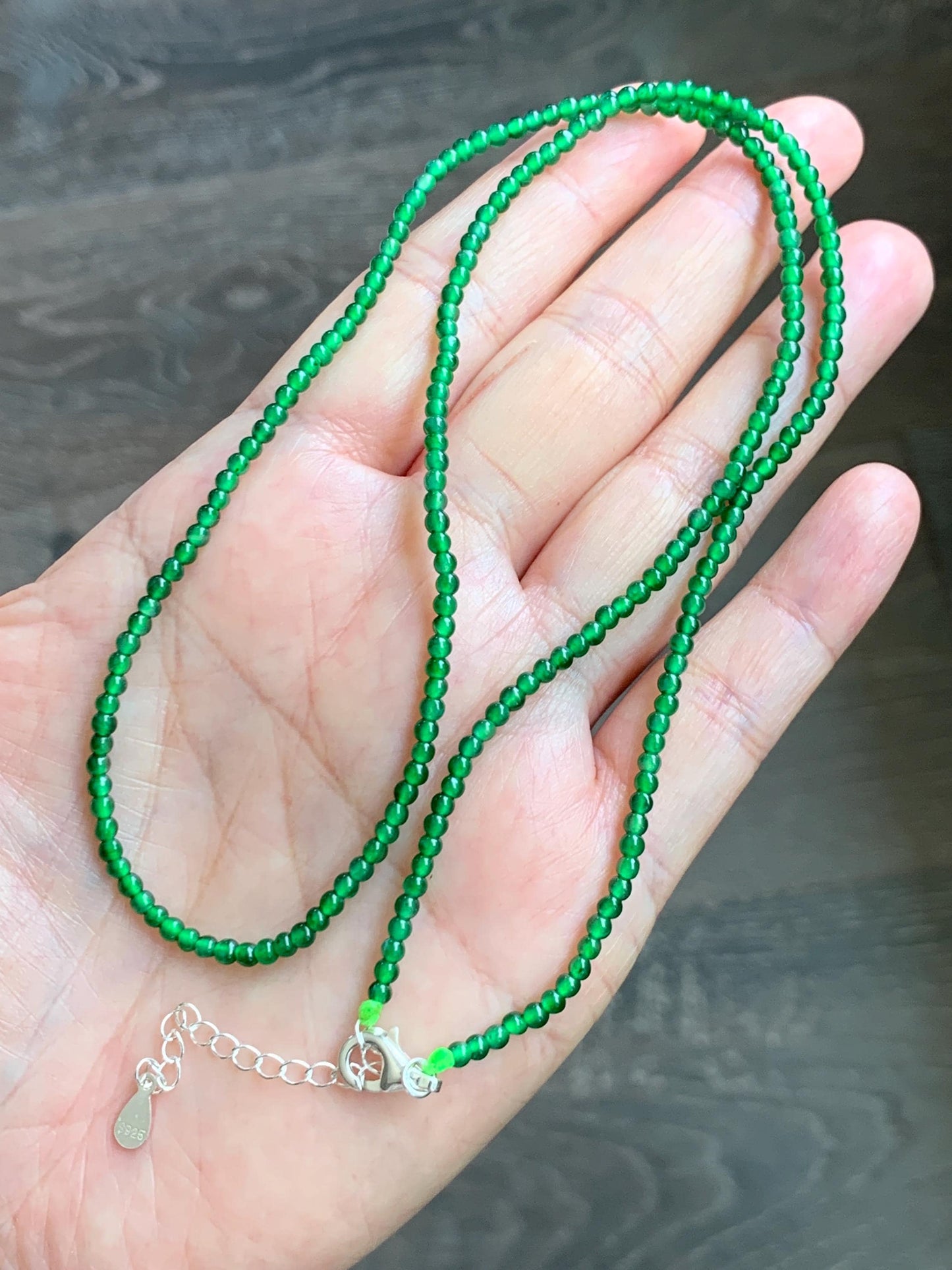 Certified Natural Grade A Guatemalan Icy Vibrant Green Jade Jadeite Petite Beaded Necklace Sterling Silver 2.5-2.7mm 6.75g 天然冰危绿翡翠小圆珠项链 469
