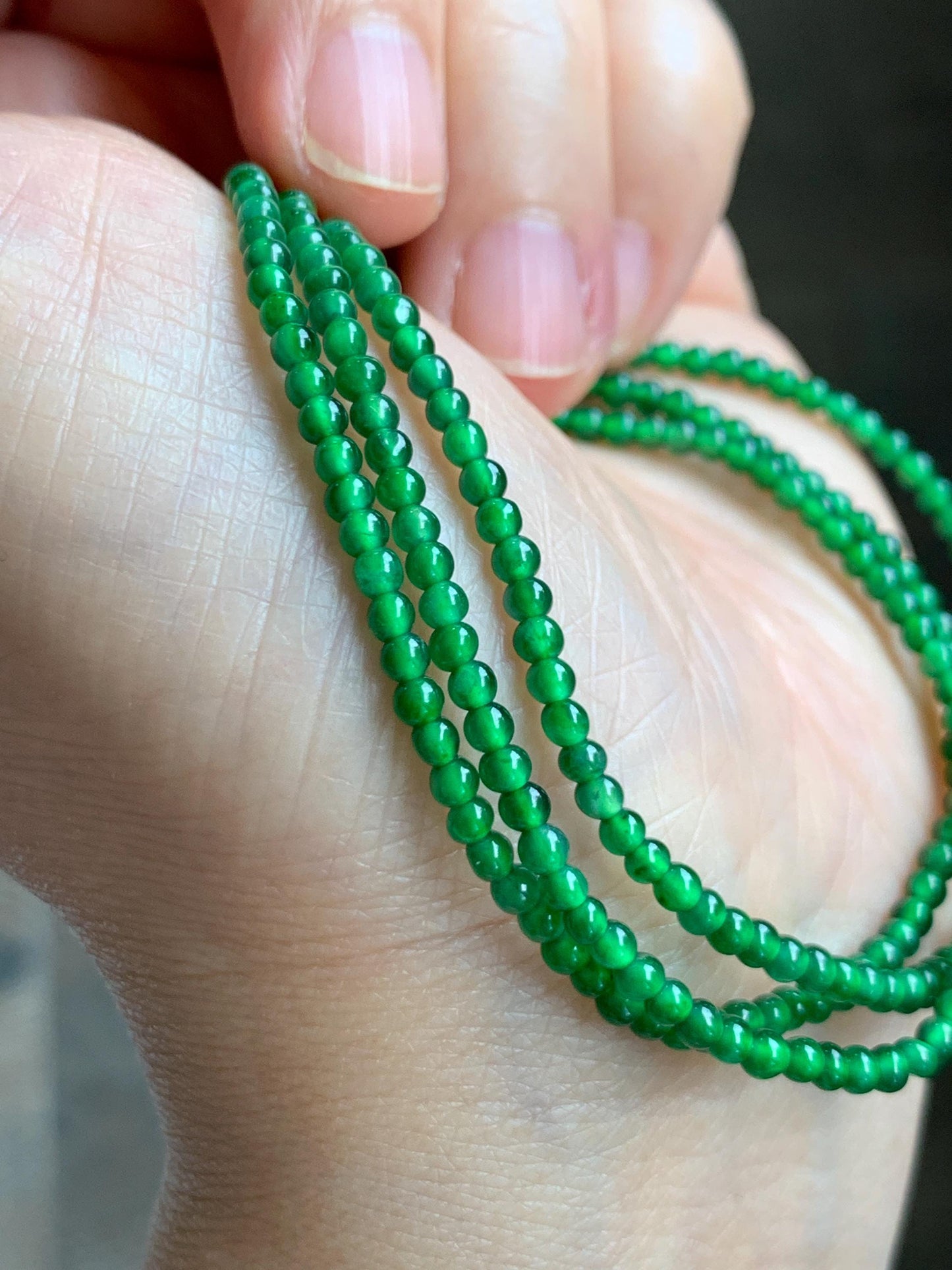 Certified Natural Grade A Guatemalan Icy Vibrant Green Jade Jadeite Petite Beaded Necklace Sterling Silver 2.5-2.7mm 6.75g 天然冰危绿翡翠小圆珠项链 469